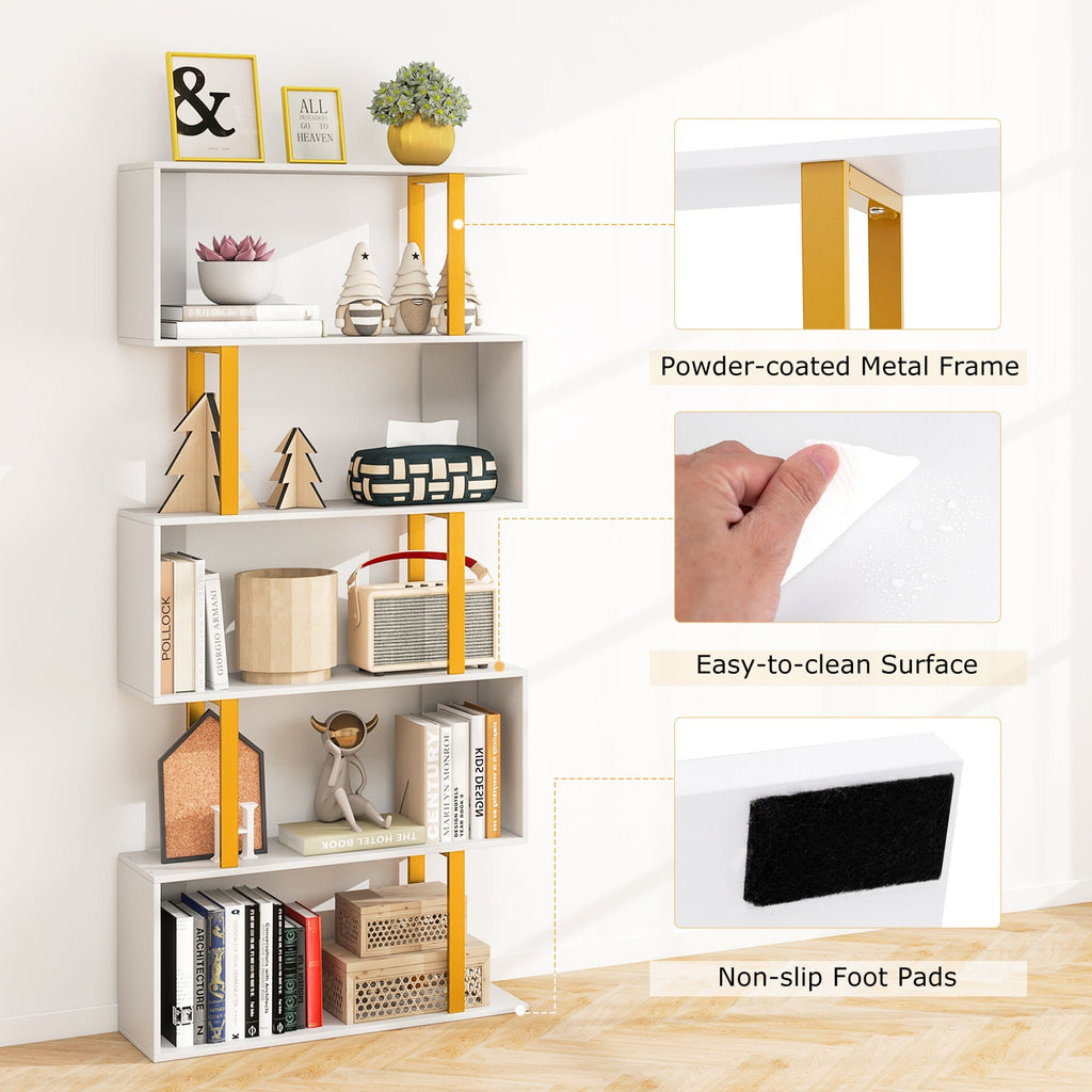 5-Tier/6-Tier Geometric Bookcase with Metal Frame and Anti-tipping Kits-5 Tier