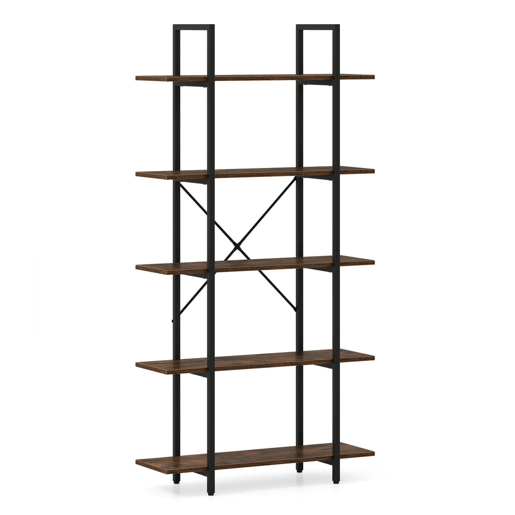 5-Tier 62 Inch Tall Vintage Industrial Bookcase with Open Storage Shelves-Rustic Brown