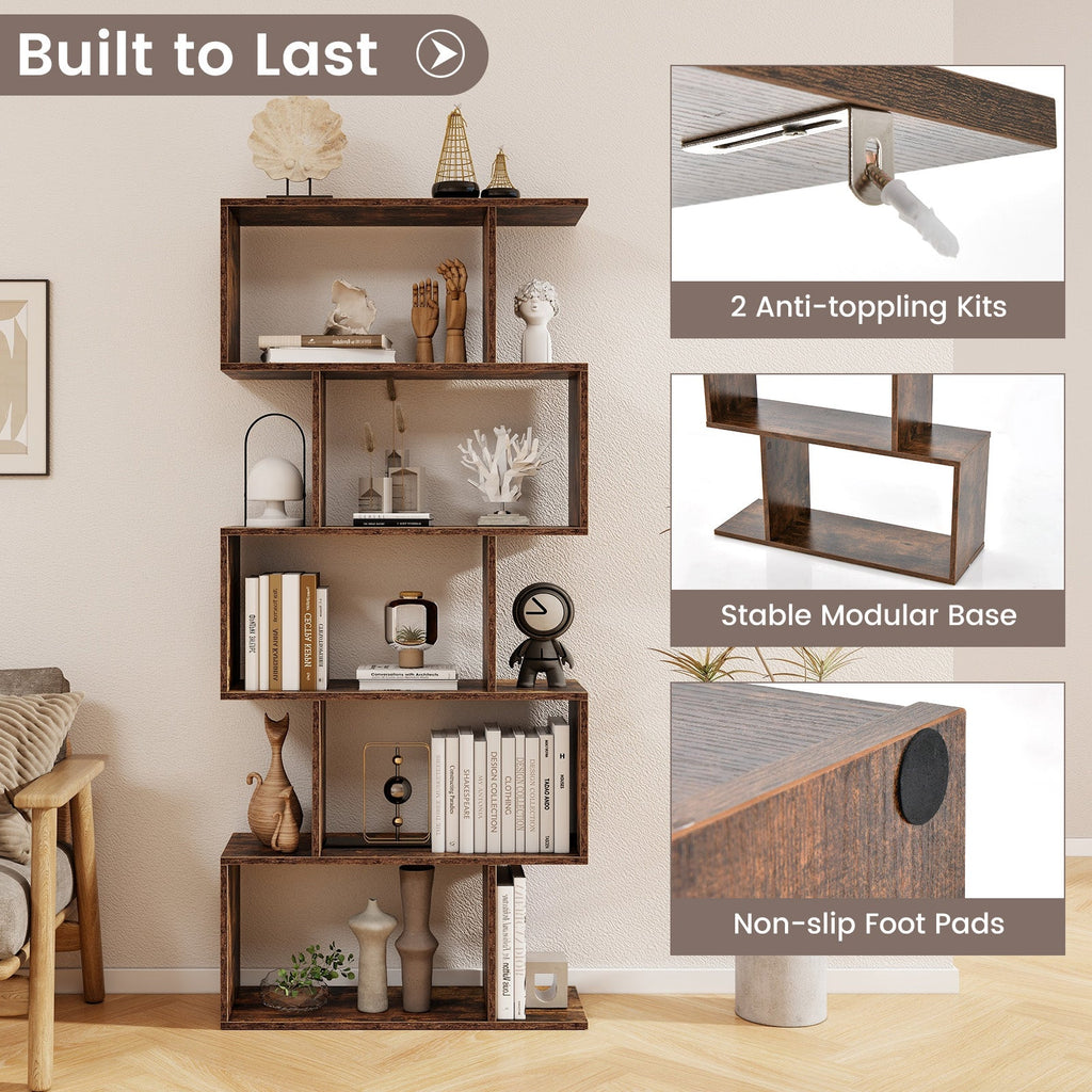 5-Tier Bookshelf with Anti-Toppling Device for Living Room Home Office-Rustic Brown