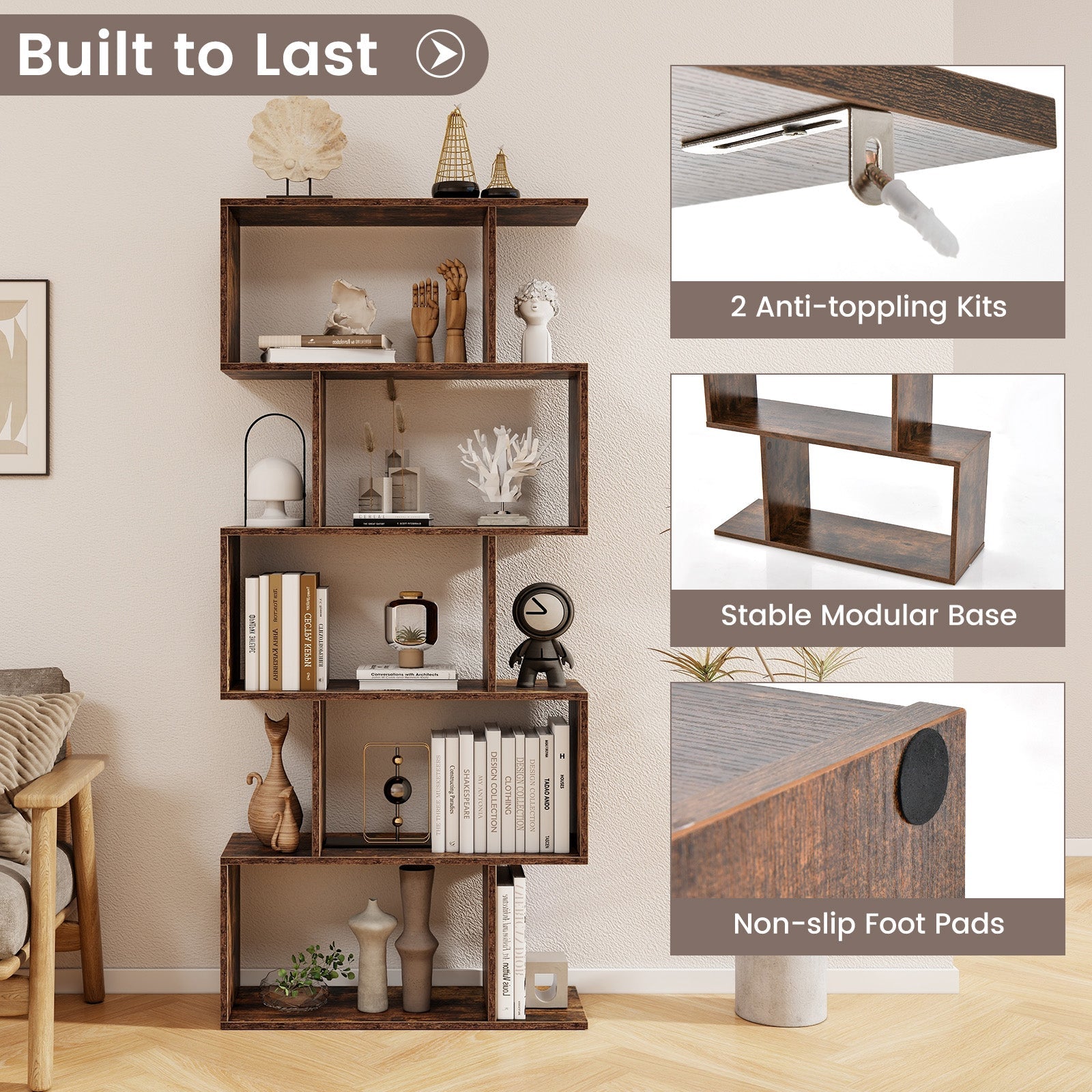 5-Tier Bookshelf with Anti-Toppling Device for Living Room Home Office-Rustic Brown