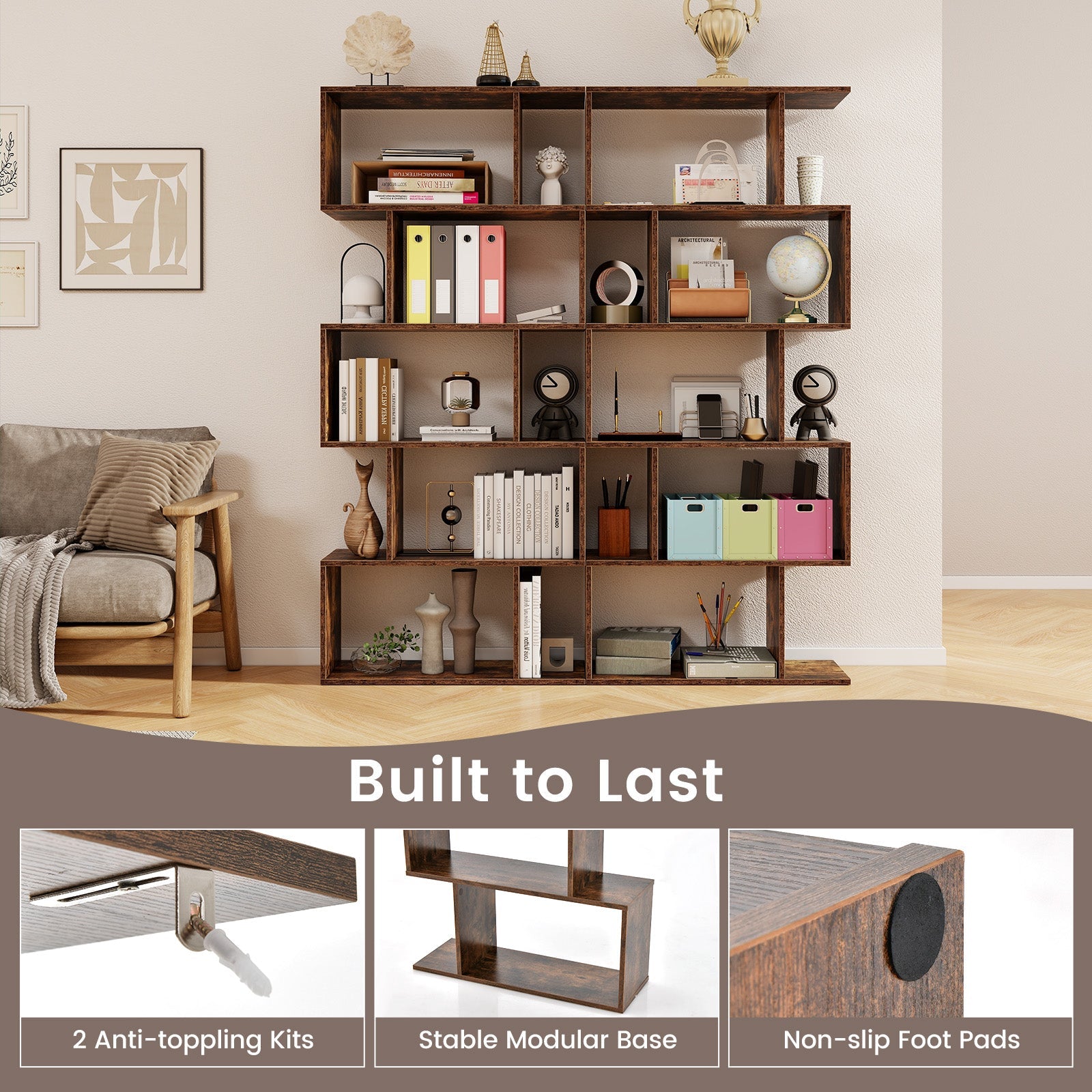 5-Tier Bookshelf with Anti-Toppling Device for Living Room Home Office-Rustic Brown