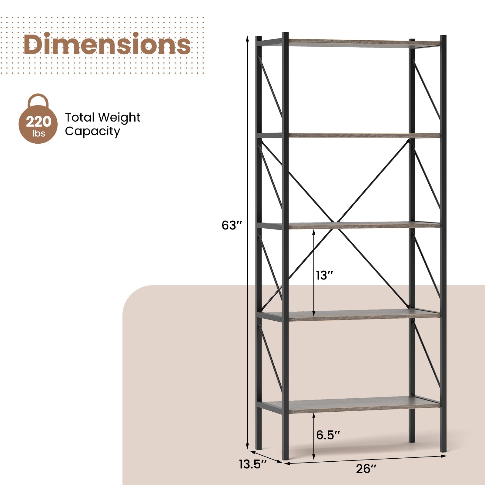 5-Tier Bookshelf with Open Shelves and Heavy Duty Metal Frame-Gray