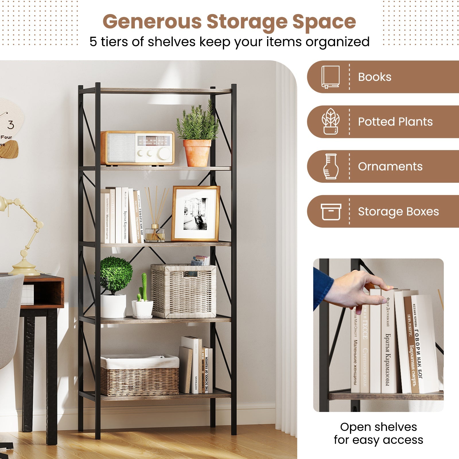 5-Tier Bookshelf with Open Shelves and Heavy Duty Metal Frame-Gray
