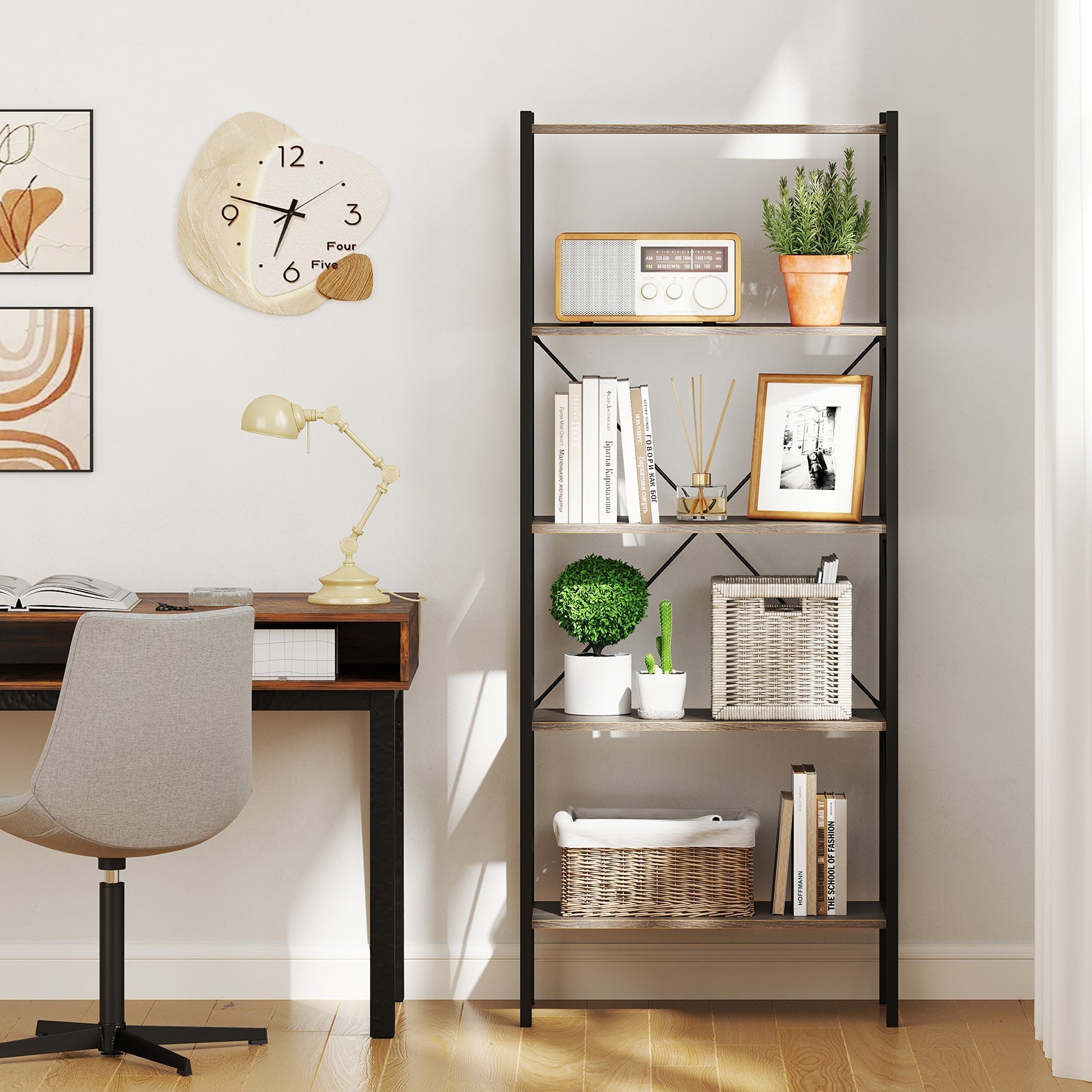 5-Tier Bookshelf with Open Shelves and Heavy Duty Metal Frame-Gray