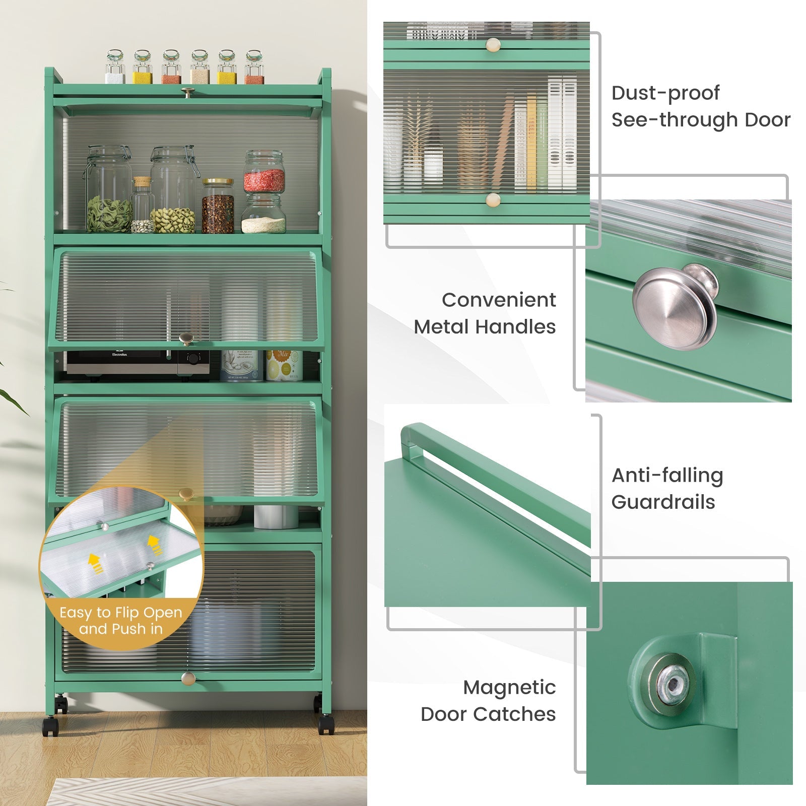 5-Tier Kitchen Baker's Rack with Flip-up PC Doors-Green