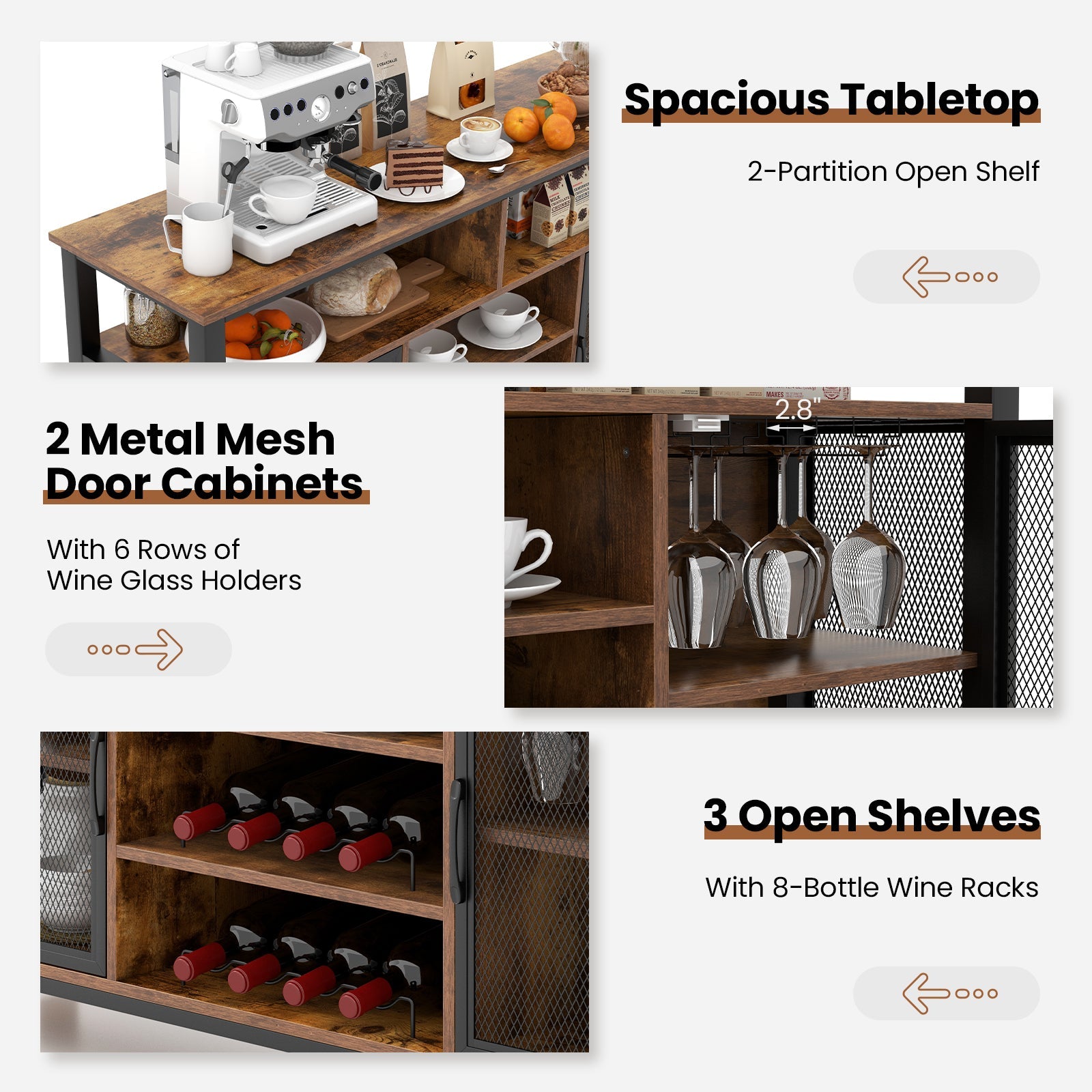55-Inch Buffet Sideboard with 8-Bottle Wine Racks and Wine Glass Holders-Rustic Brown