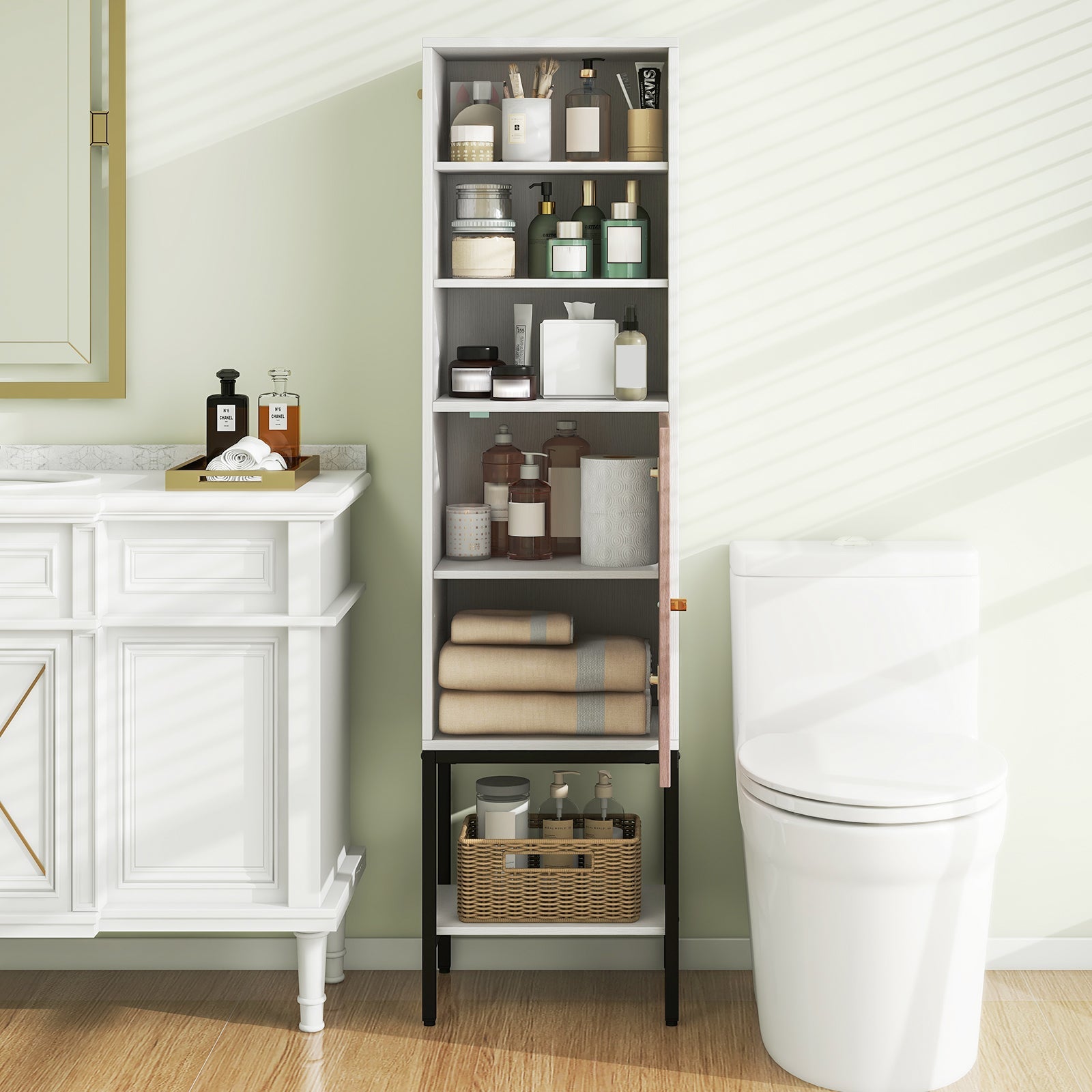 57 Inch Bathroom Tall Cabinet with 1 Door and 4 Shelves Narrow Storage Unit-White