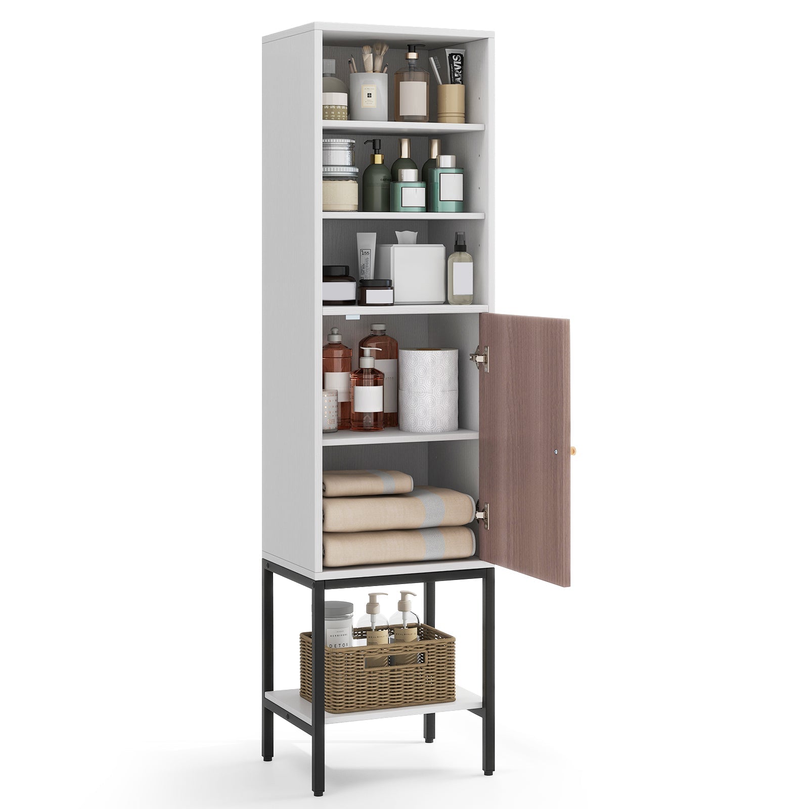 57 Inch Bathroom Tall Cabinet with 1 Door and 4 Shelves Narrow Storage Unit-White