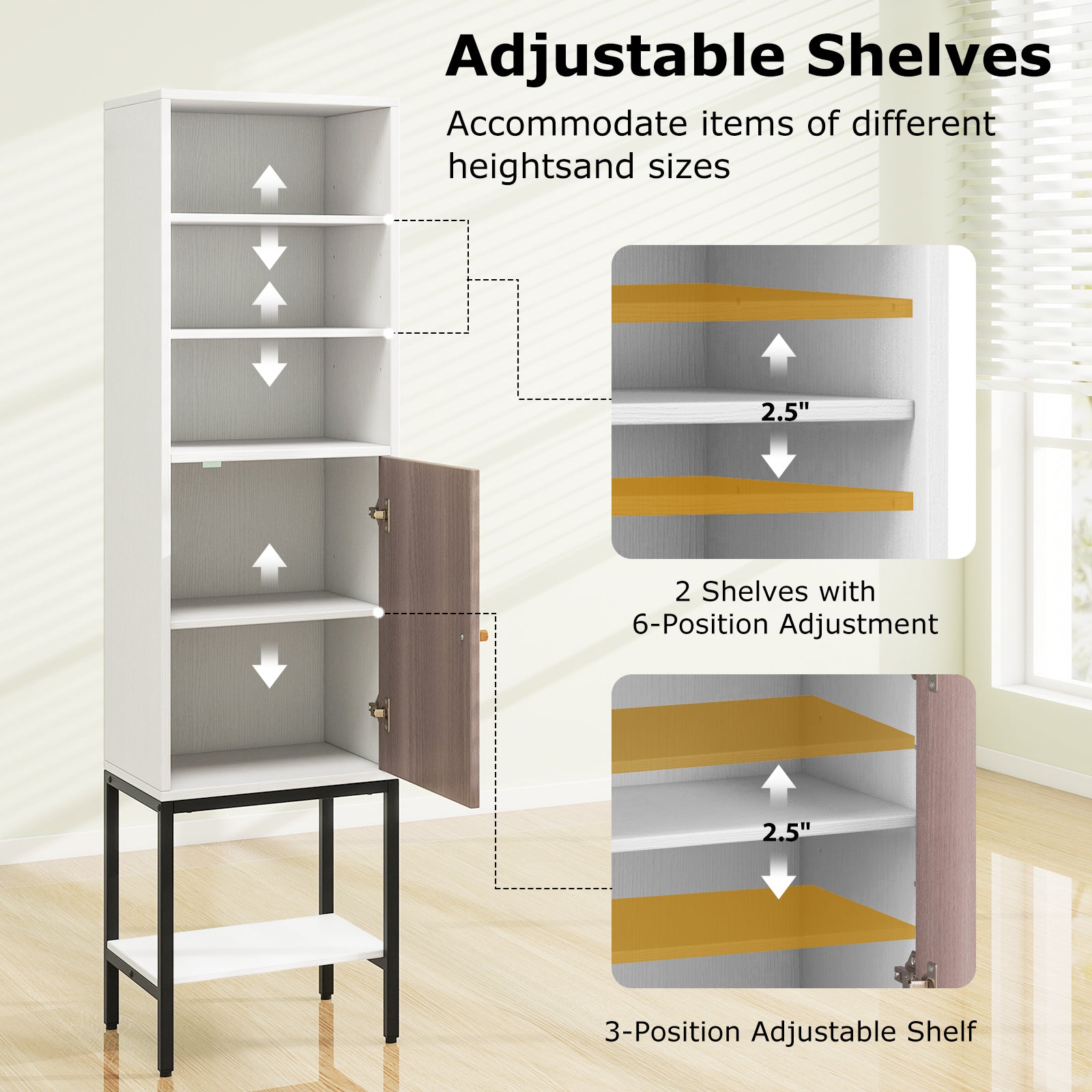 57 Inch Bathroom Tall Cabinet with 1 Door and 4 Shelves Narrow Storage Unit-White