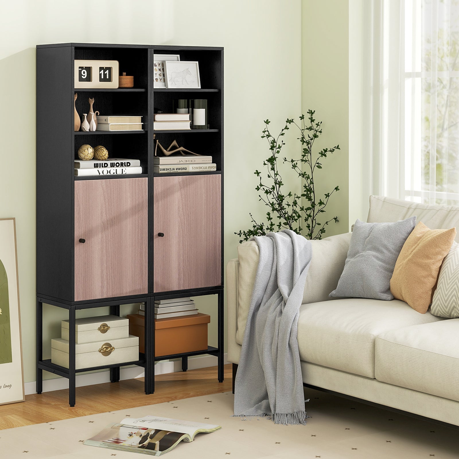 57 Inch Bathroom Tall Cabinet with 1 Door and 4 Shelves Narrow Storage Unit-Black