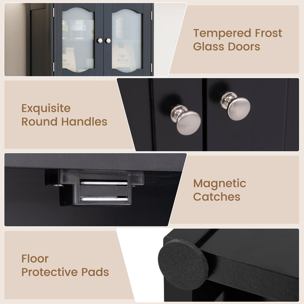 58.5 Inch Freestanding Linen Bathroom Storage Cabinet with Frost Glass Doors-Black