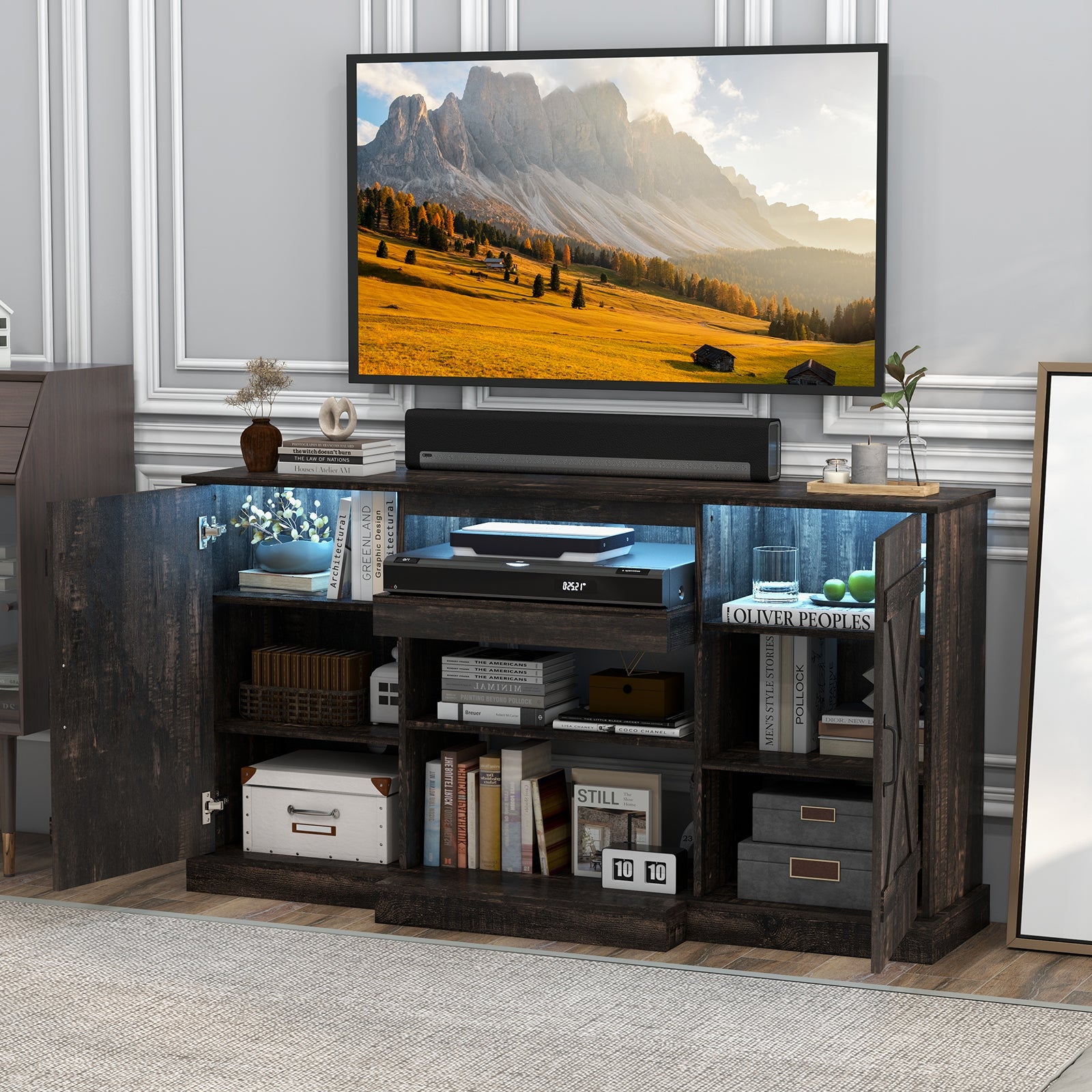 58 Inches TV stand for TVs up to 65 Inches with 20 Color Led Lights-Coffee