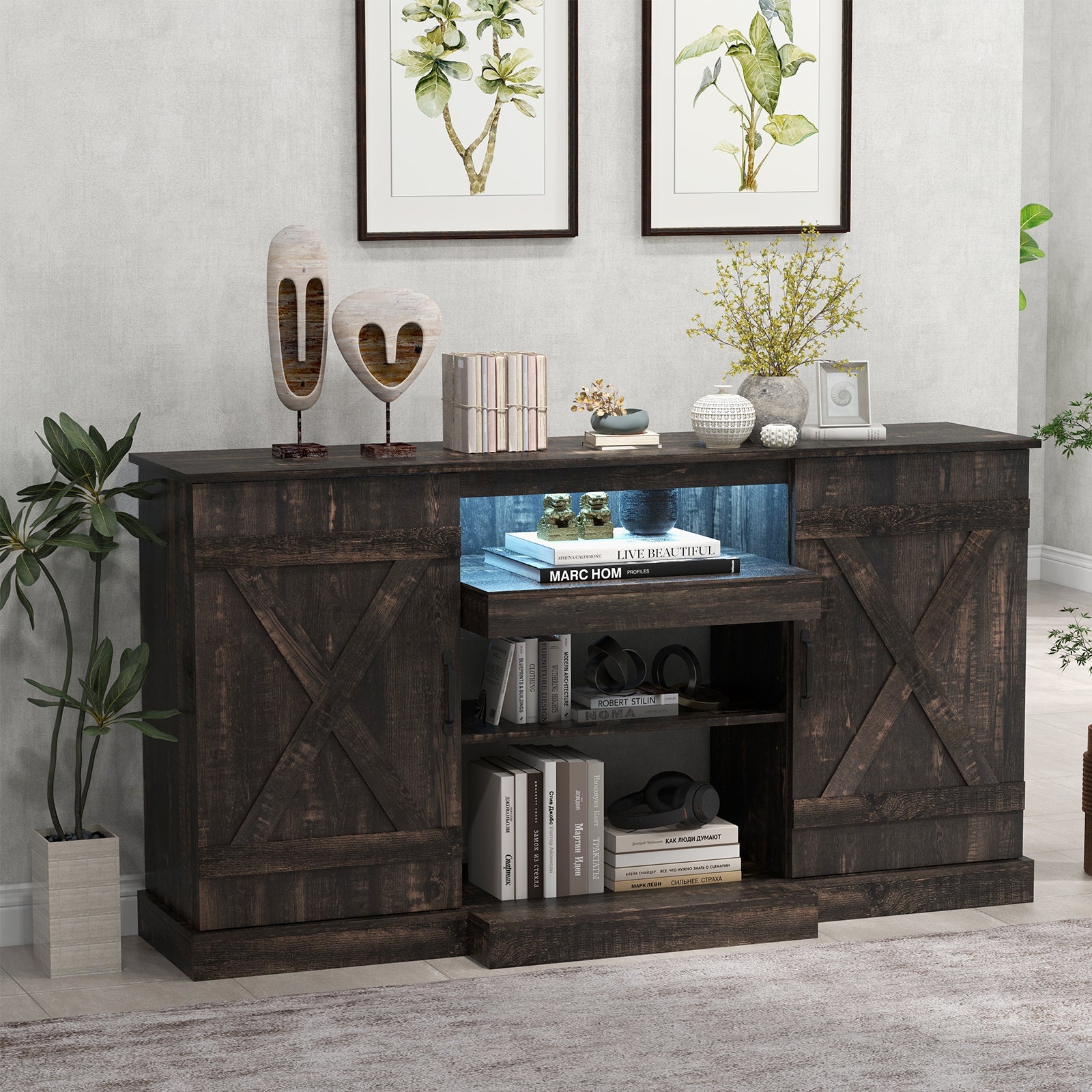 58 Inches TV stand for TVs up to 65 Inches with 20 Color Led Lights-Coffee