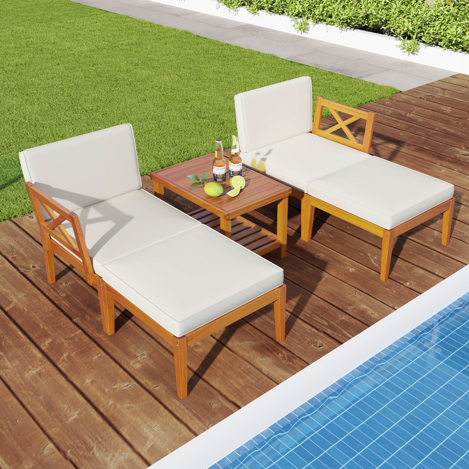 5 Pieces Acacia Wood Patio Chaise Lounge Chair Set with Ottoman and Cushions-White