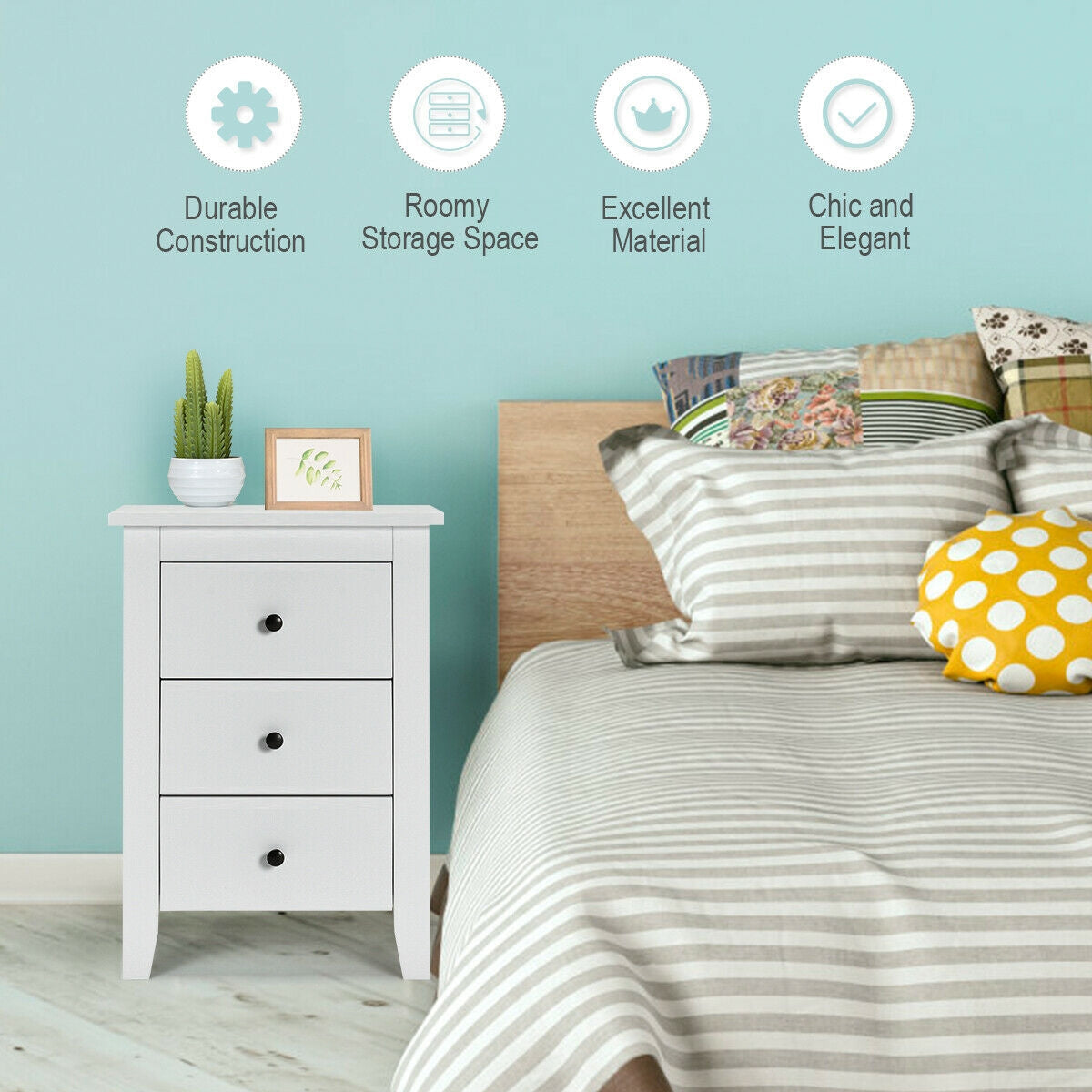 Set of 2 Nightstand End Beside Table Drawers-White