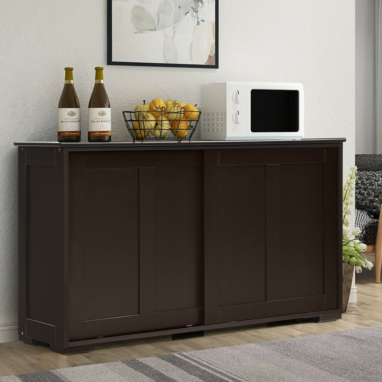 Kitchen Storage Cabinet with Wood Sliding Door-Brown