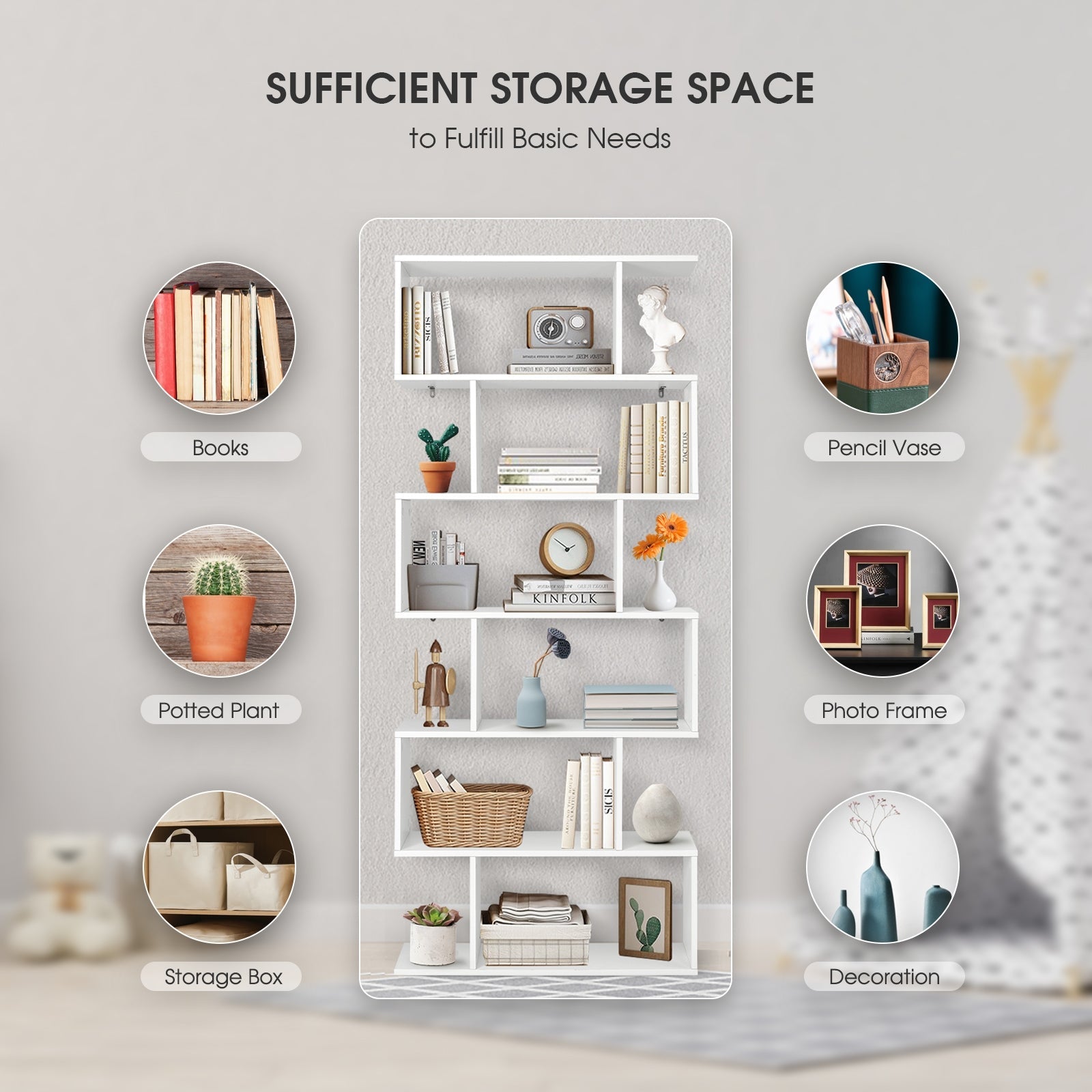 6 Tier S-Shaped Bookshelf Storage Display Bookcase Decor Z-Shelf -White