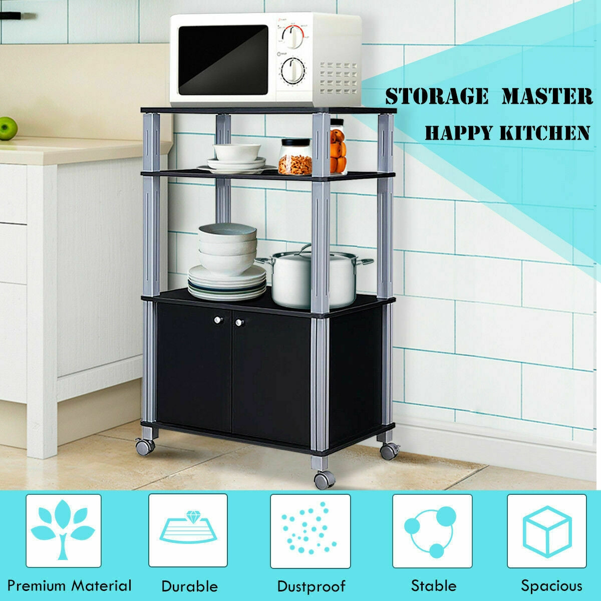 Microwave Rack Stand Rolling Storage Cart-Black