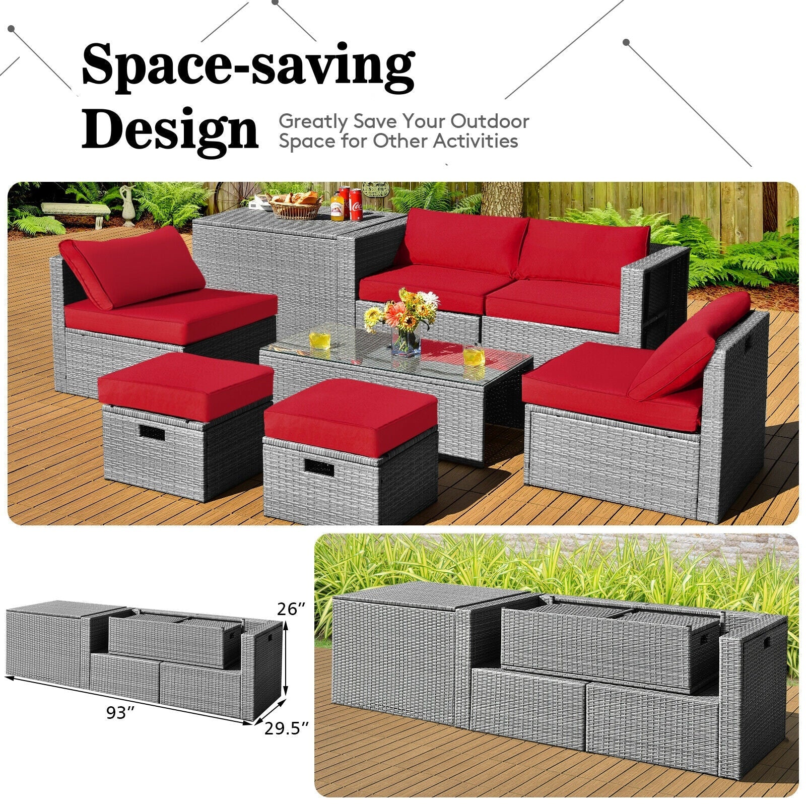 8 Pieces Patio Rattan Furniture Set with Storage Waterproof Cover and Cushion-Red