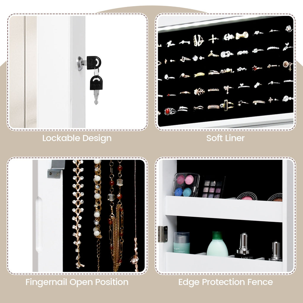 Lockable Wall Door Mounted Mirror Jewelry Cabinet w/LED Lights-White