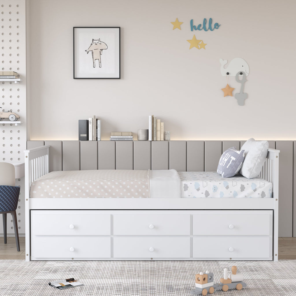Twin Captain’s Bed with Trundle and 3 Storage Drawers-White