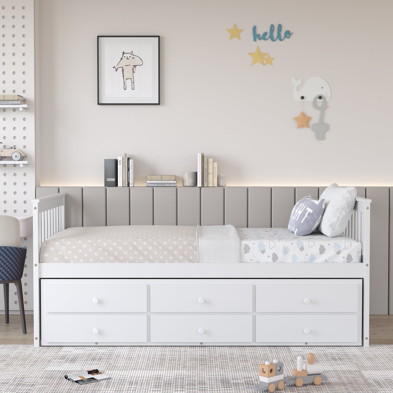Twin Captain’s Bed with Trundle and 3 Storage Drawers-White