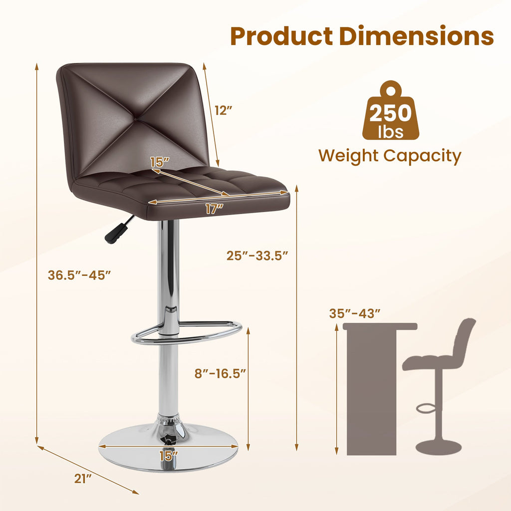 PU Leather Upholstered Bar Stools Set of 2 with Back and Adjustable Height-Brown