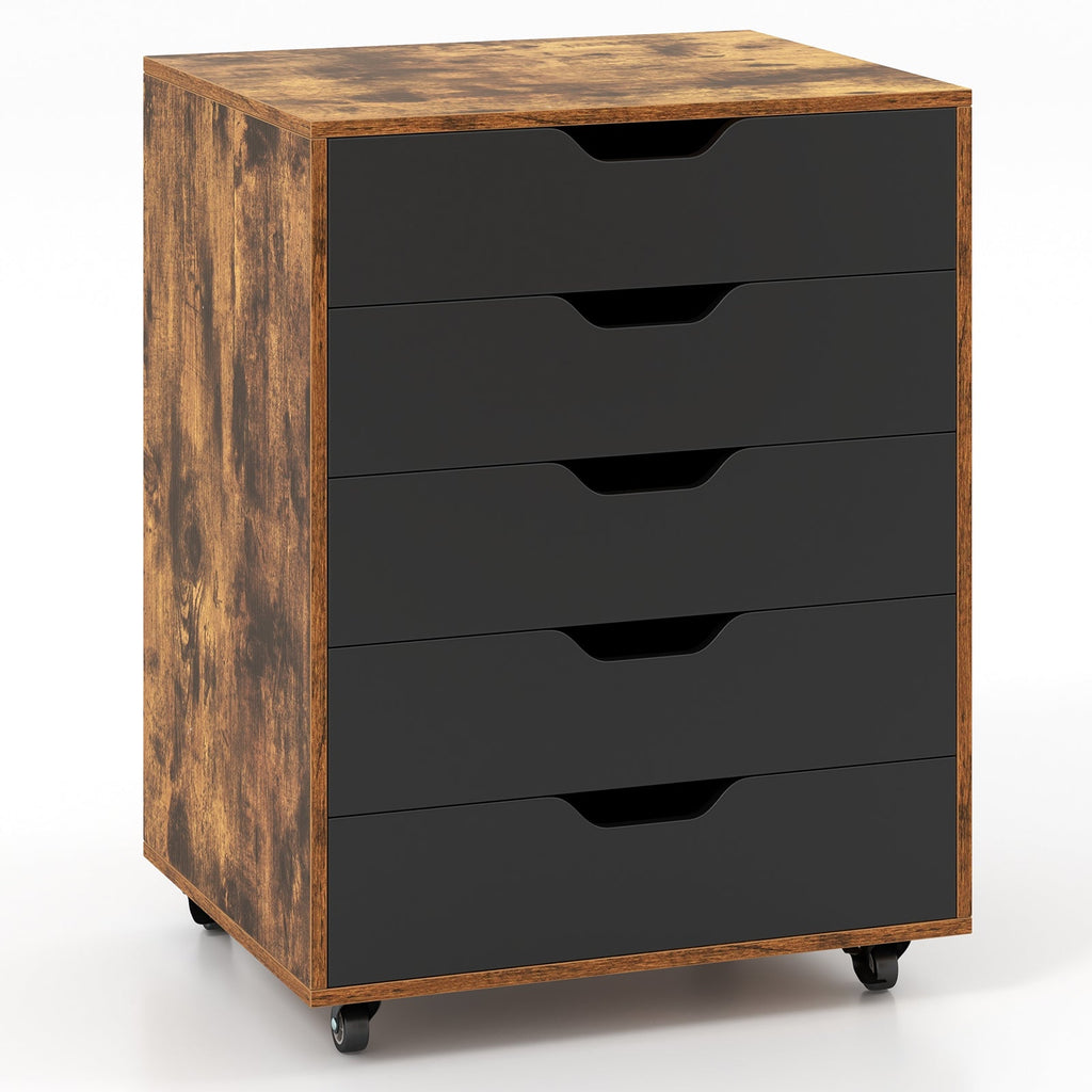 5 Drawer Mobile Lateral Filing Storage Home Office Floor Cabinet with Wheels-Rustic Brown