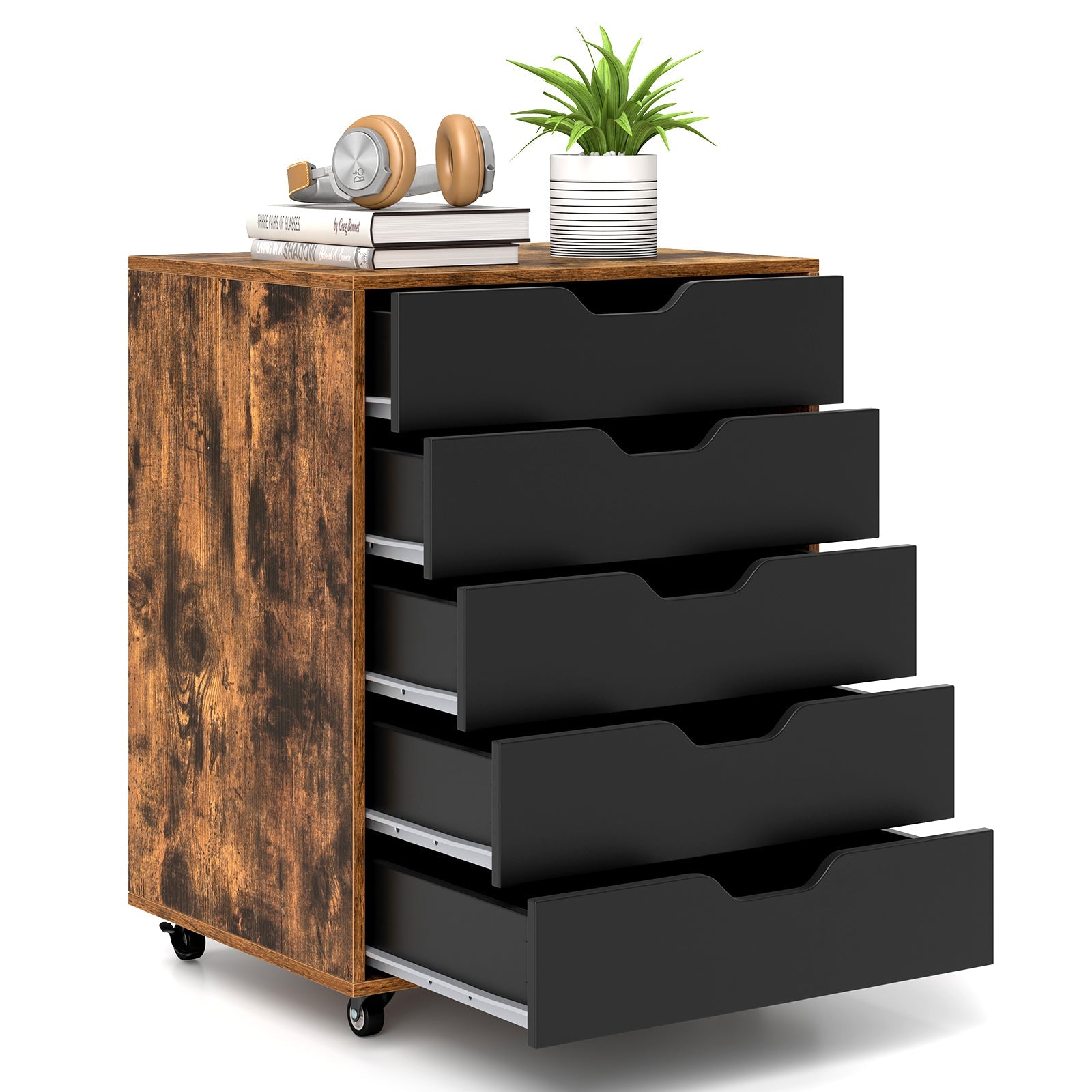 5 Drawer Mobile Lateral Filing Storage Home Office Floor Cabinet with Wheels-Rustic Brown