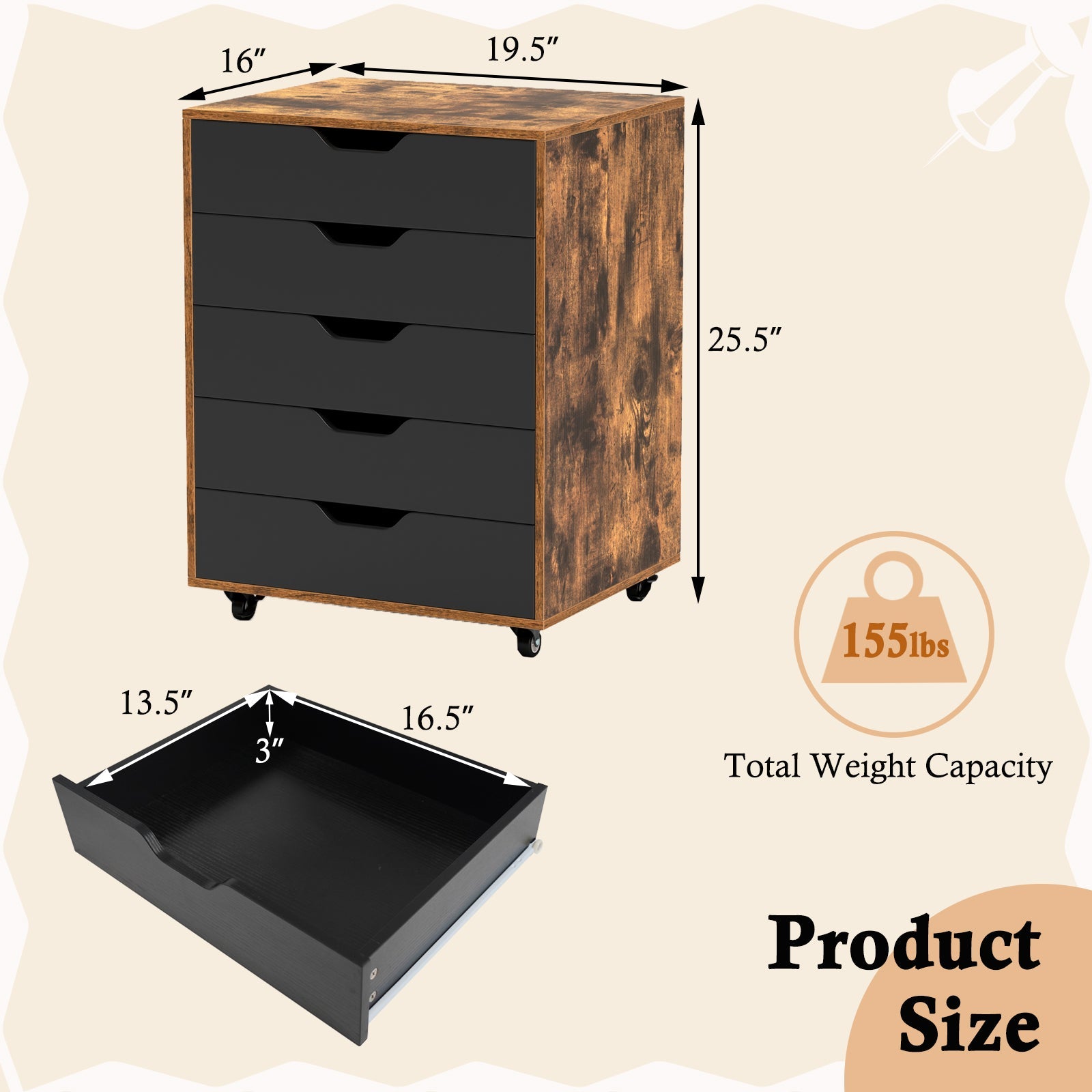 5 Drawer Mobile Lateral Filing Storage Home Office Floor Cabinet with Wheels-Rustic Brown