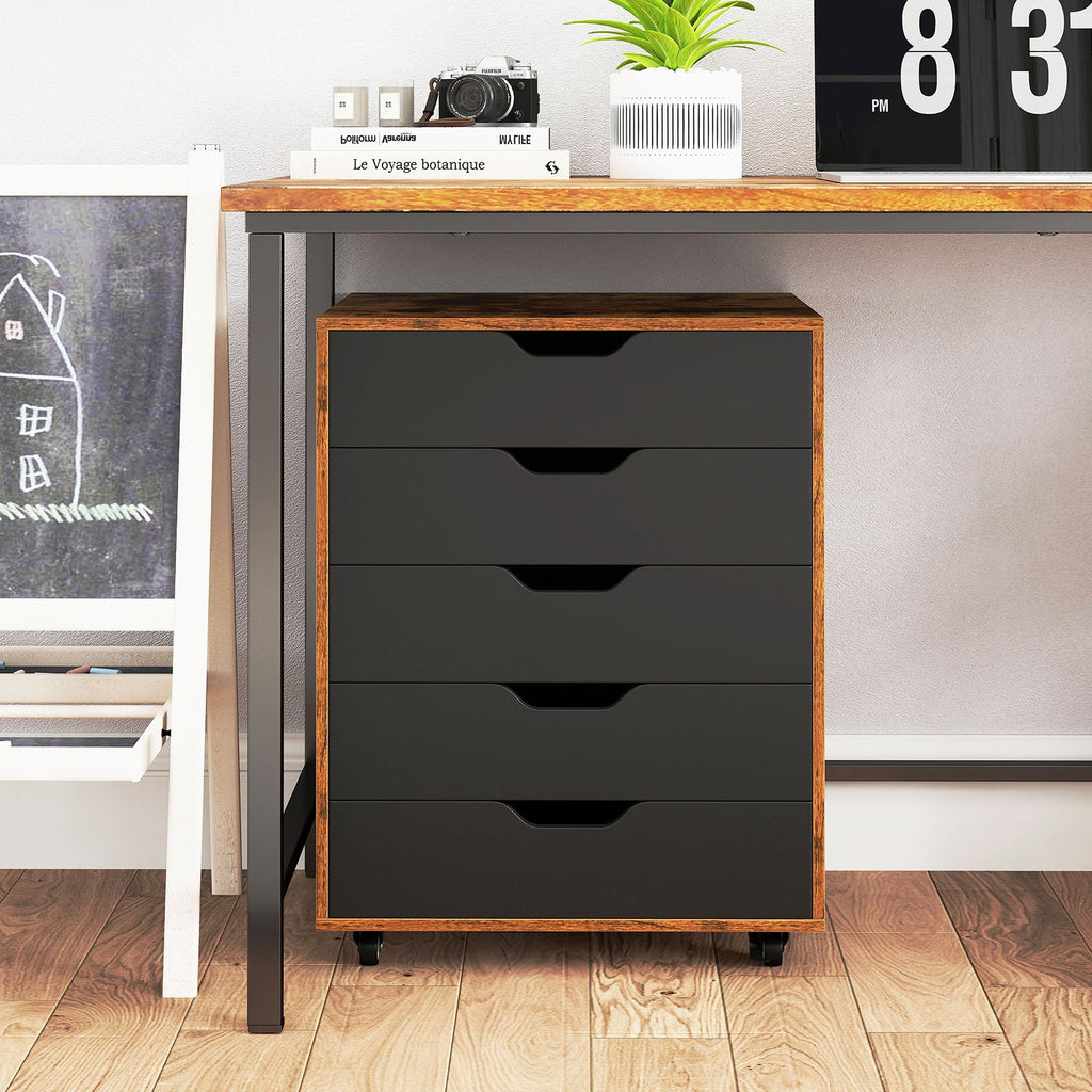 5 Drawer Mobile Lateral Filing Storage Home Office Floor Cabinet with Wheels-Rustic Brown