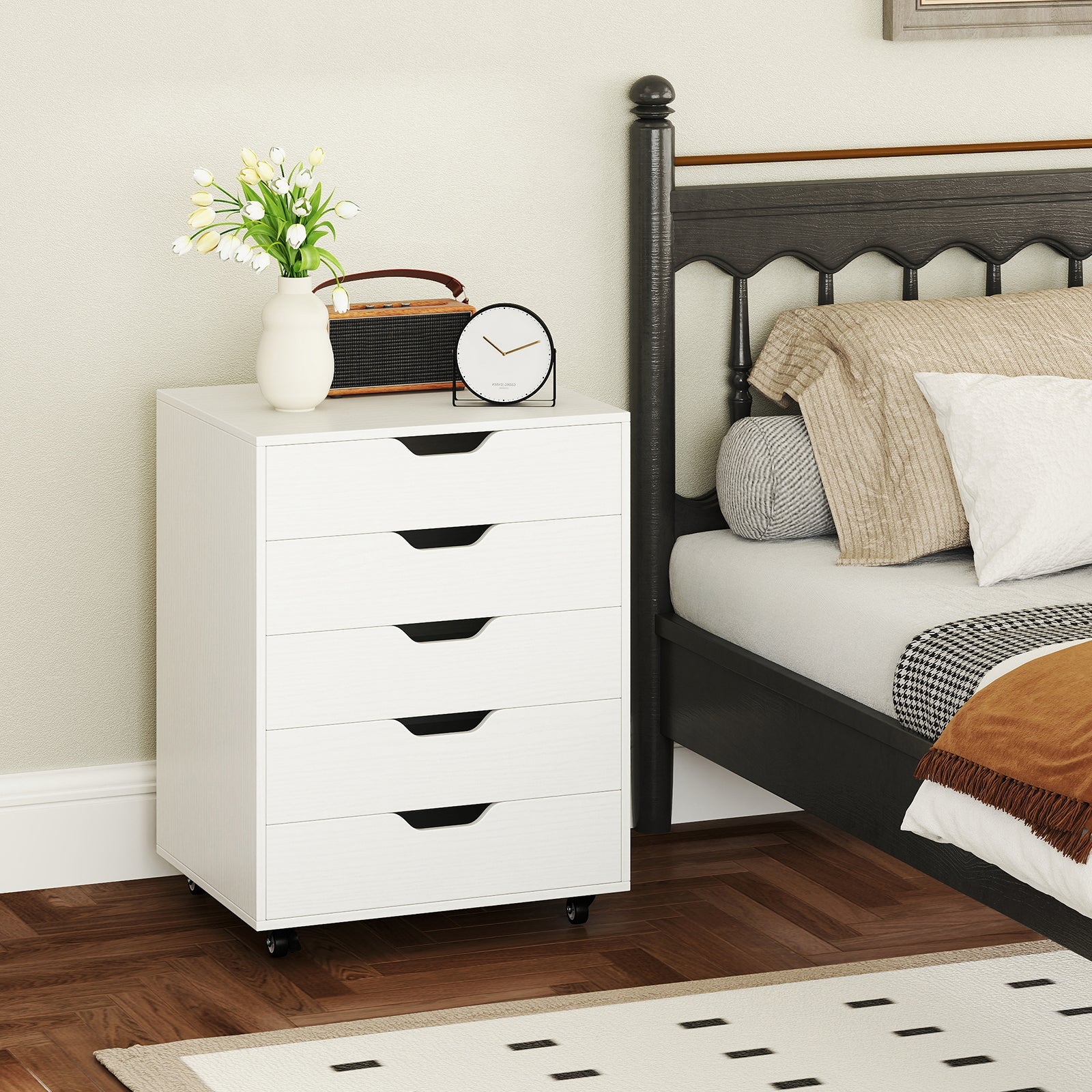 5 Drawer Mobile File Cabinet with Wheels for Living Room-White
