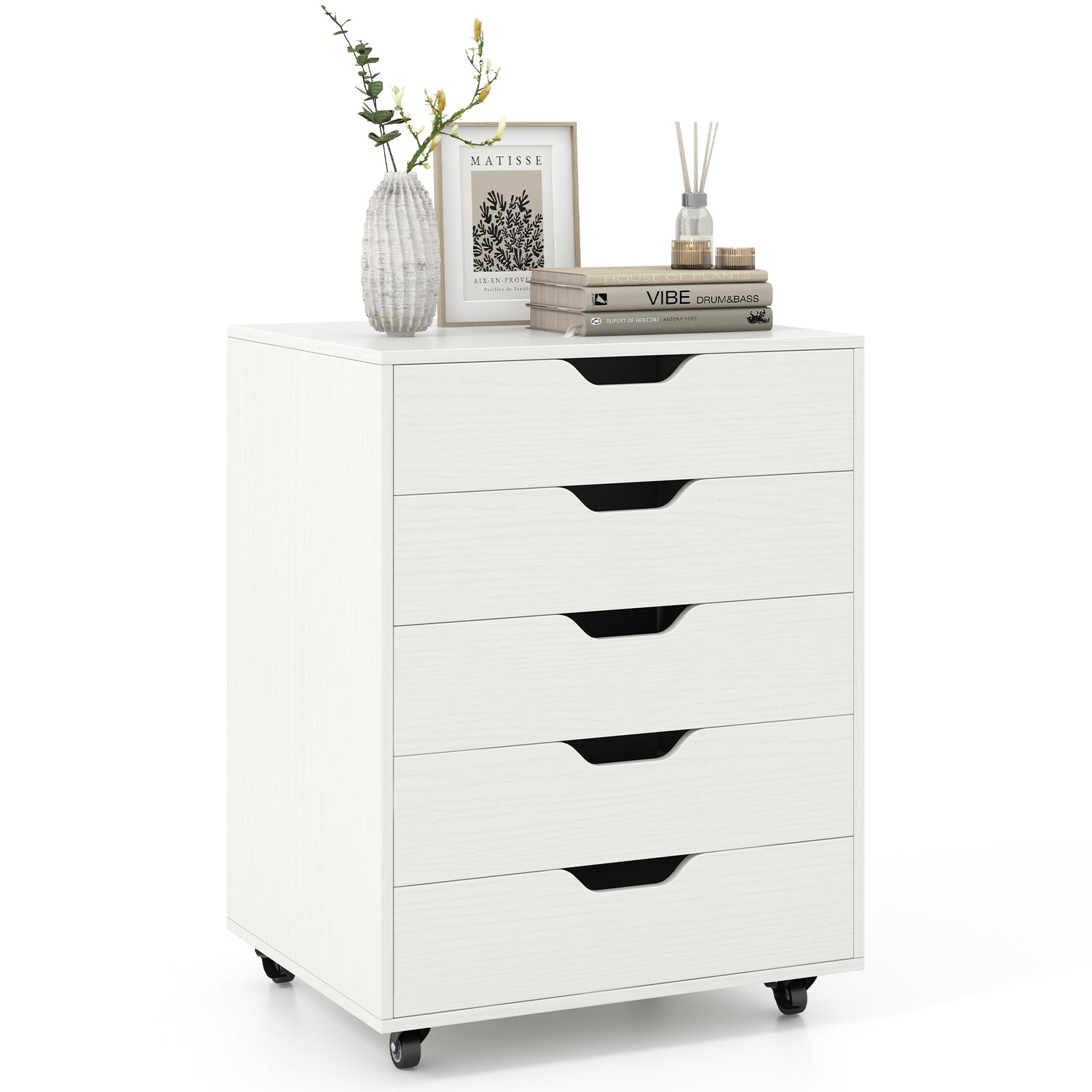 5 Drawer Mobile File Cabinet with Wheels for Living Room-White