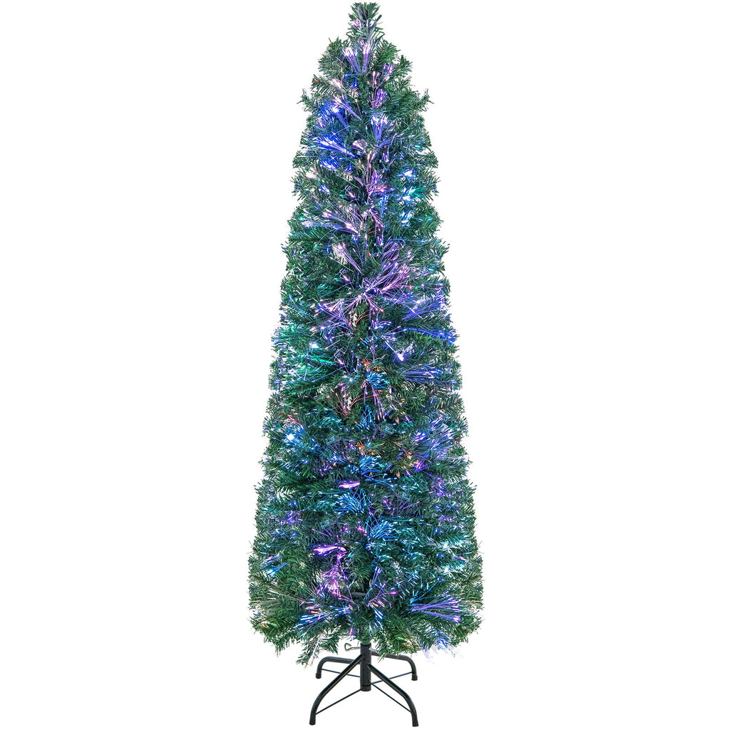 5/6/7/8 FT Pre-Lit Christmas Pencil Tree with Colorful Fiber Optics Green-5 ft