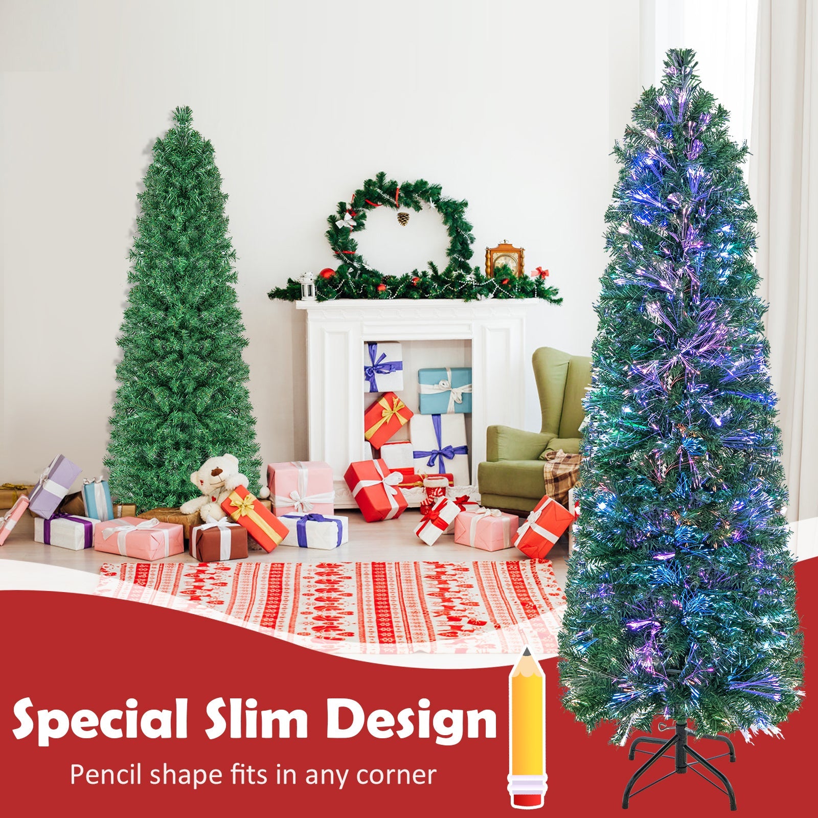 5/6/7/8 FT Pre-Lit Christmas Pencil Tree with Colorful Fiber Optics Green-5 ft