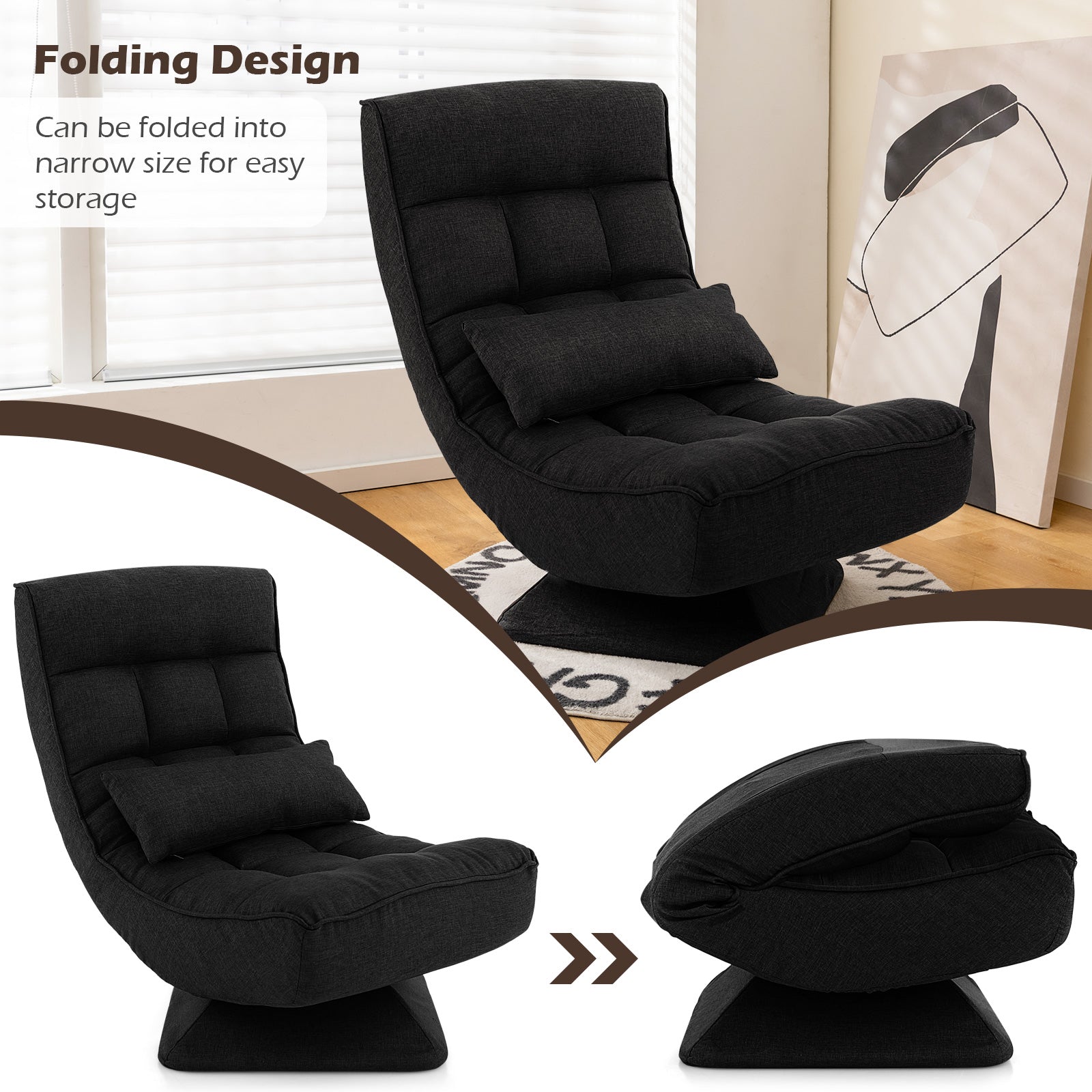 5-Level Adjustable 360° Swivel Floor Chair with Massage Pillow-Black