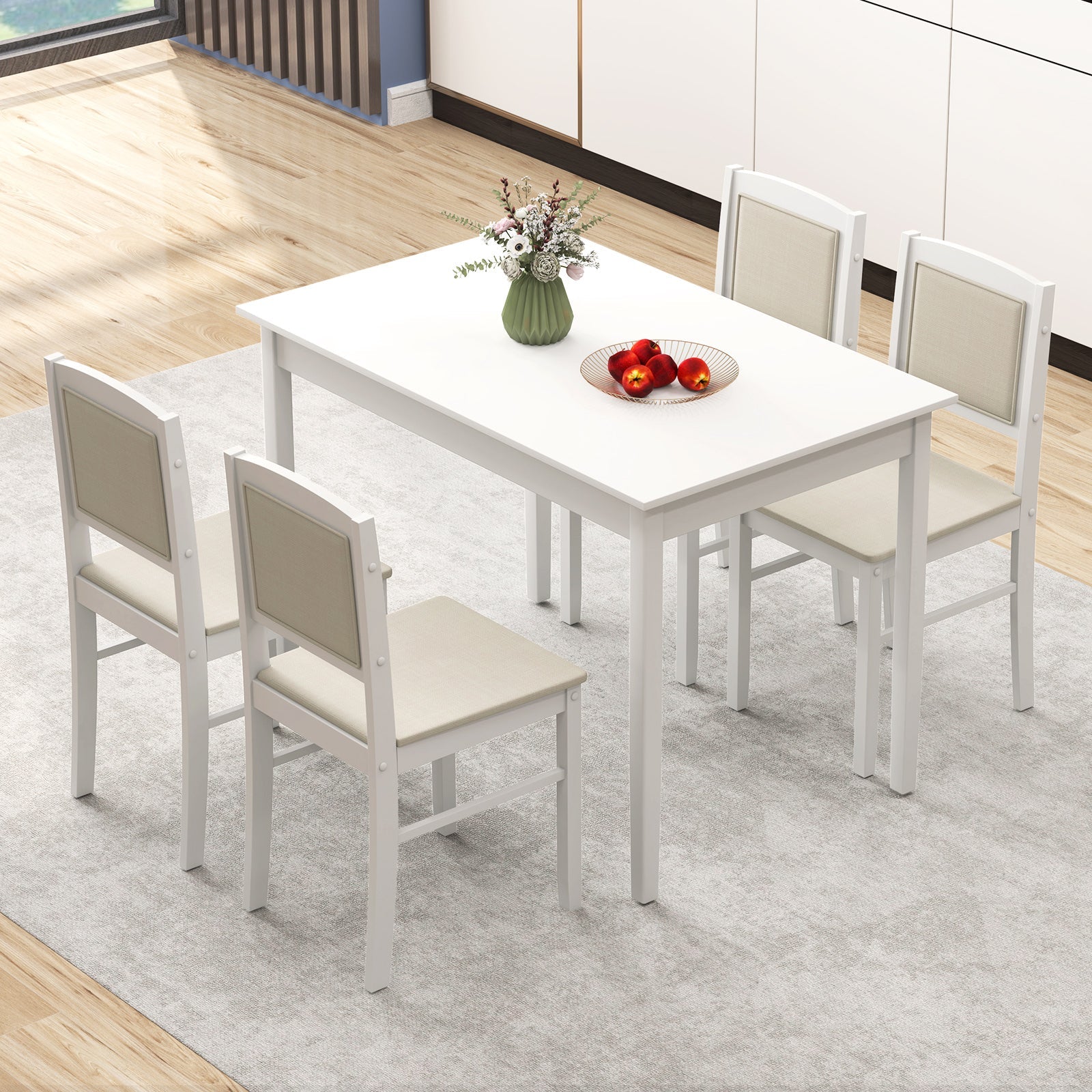 5-Piece Dining Set for 4 with Rubber Wood Legs for Small Dining Room-Beige