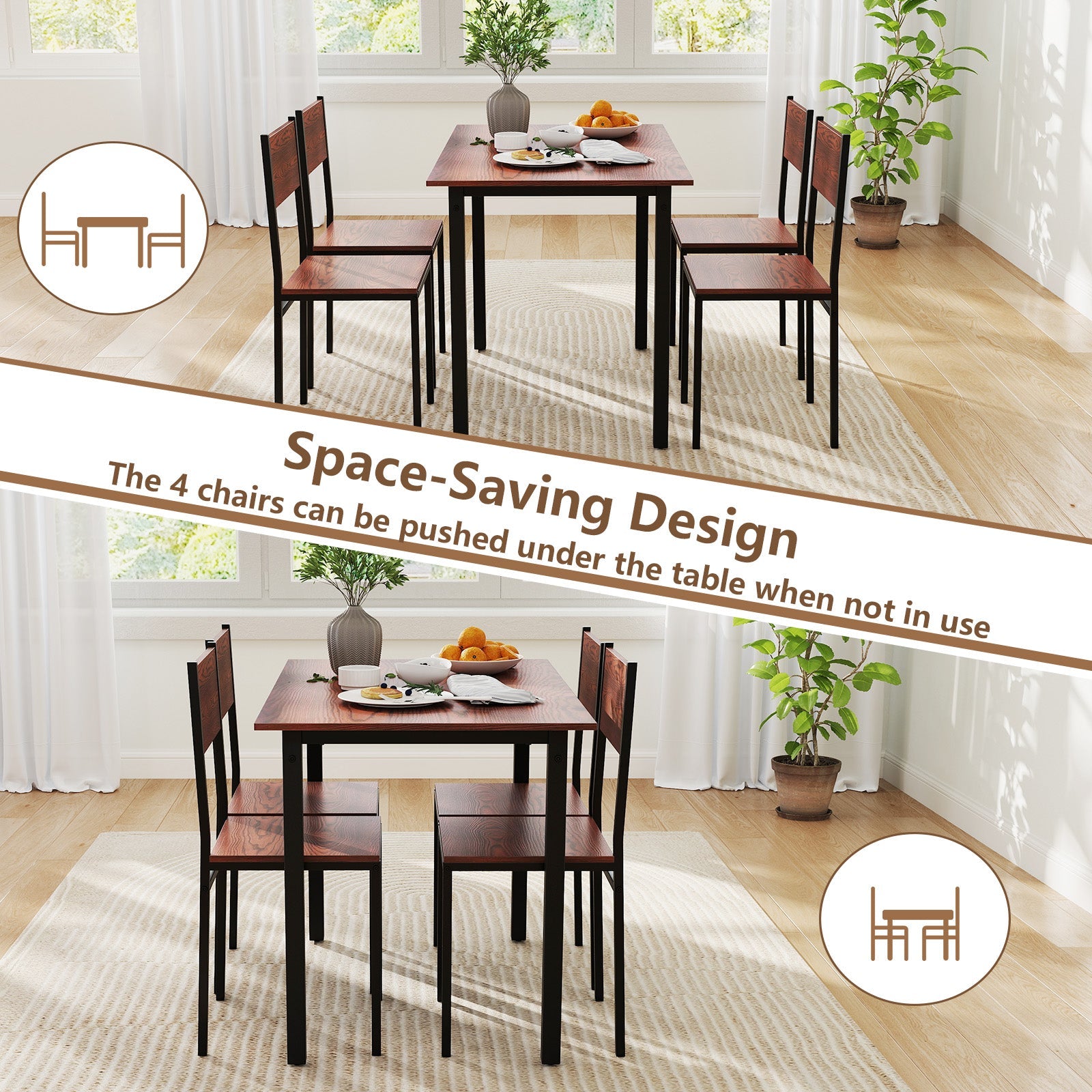 5 Piece Dining Table Set Industrial Style Kitchen Table and Chairs for 4-Walnut