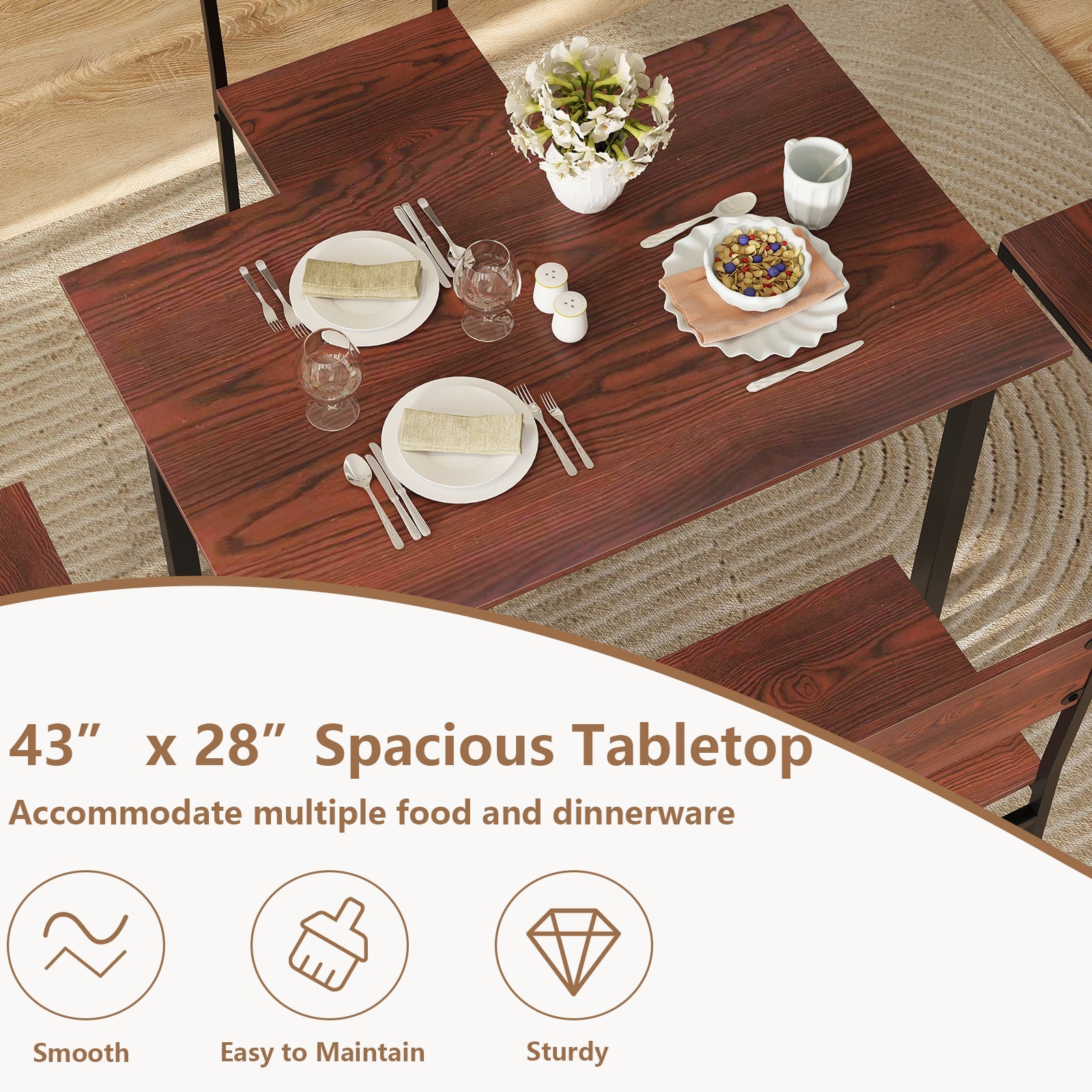 5 Piece Dining Table Set Industrial Style Kitchen Table and Chairs for 4-Walnut