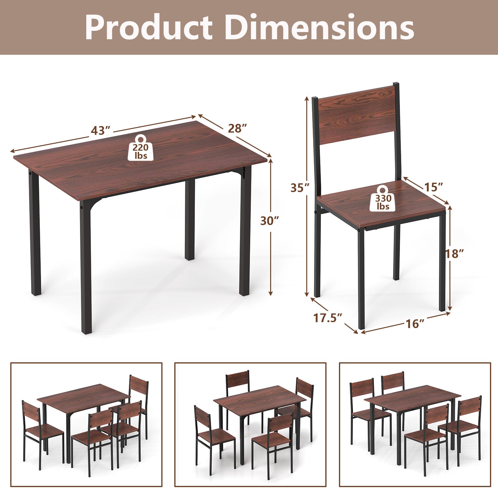 5 Piece Dining Table Set Industrial Style Kitchen Table and Chairs for 4-Walnut