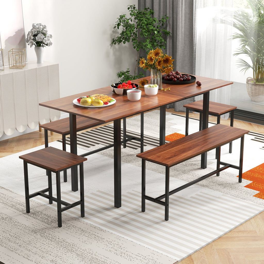 5 Piece Dining Table Set for 4-6 with 2 Benches & 2 Stools for Kitchen Dining Room-Walnut