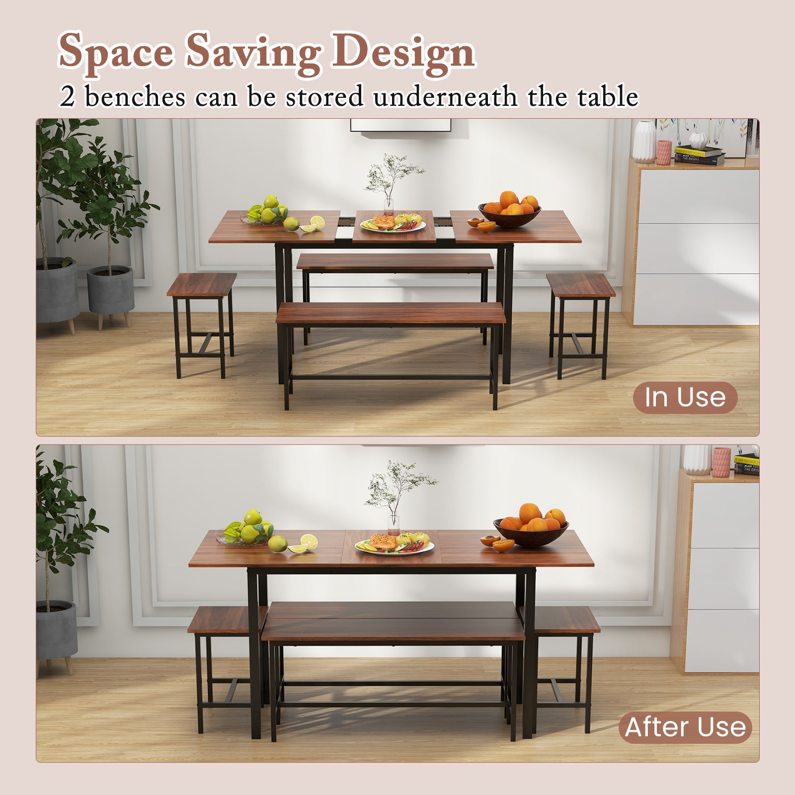 5 Piece Dining Table Set for 4-6 with 2 Benches & 2 Stools for Kitchen Dining Room-Walnut