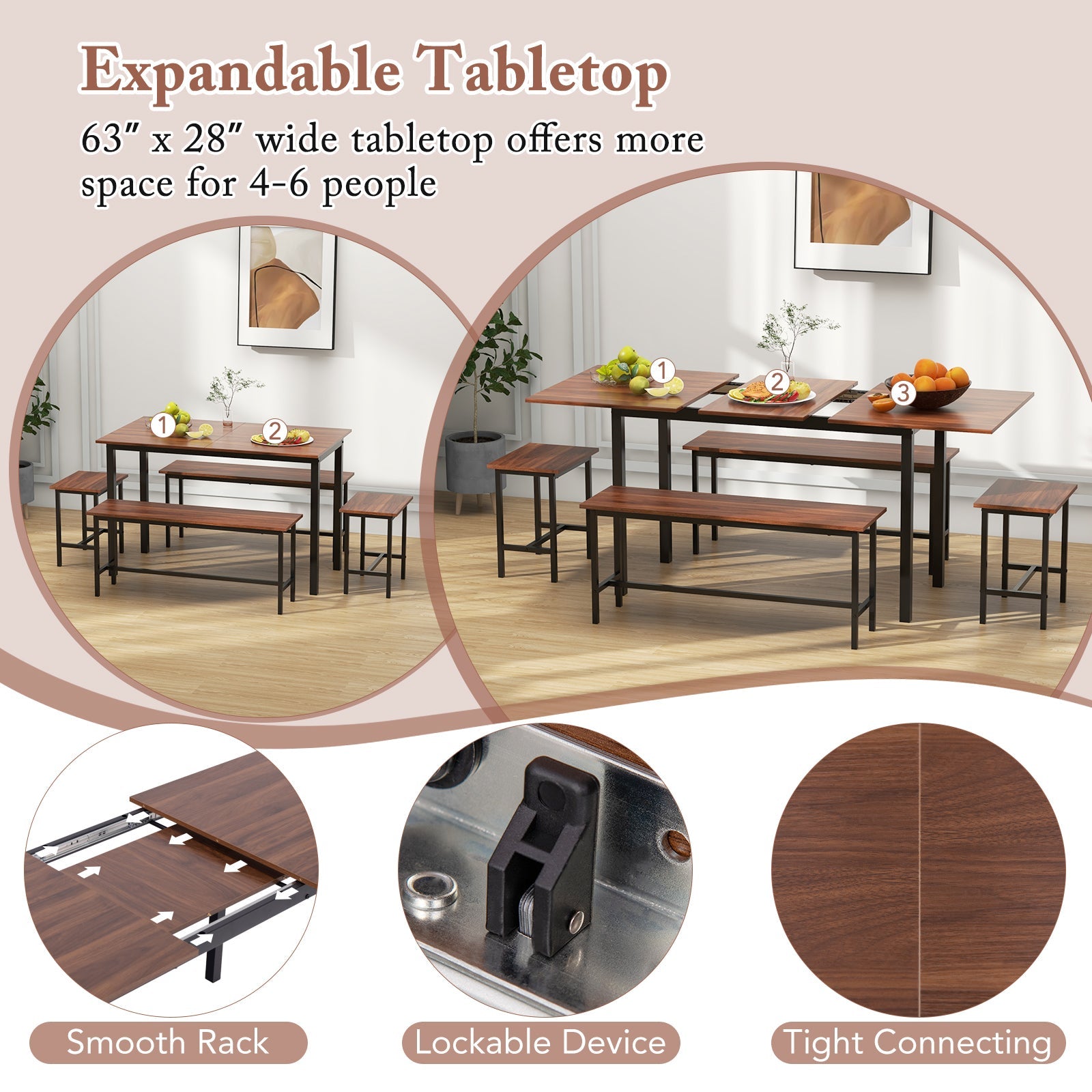 5 Piece Dining Table Set for 4-6 with 2 Benches & 2 Stools for Kitchen Dining Room-Walnut