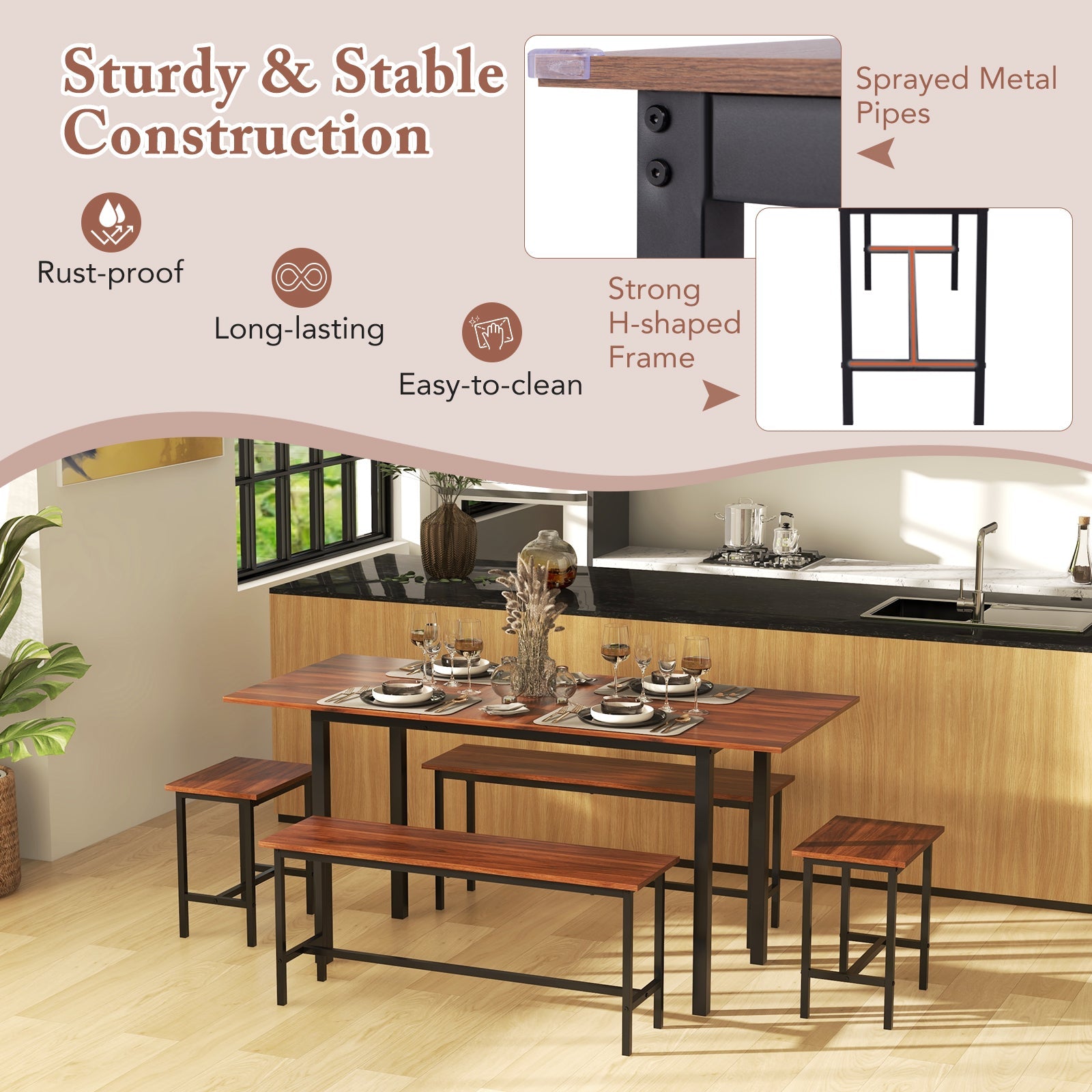 5 Piece Dining Table Set for 4-6 with 2 Benches & 2 Stools for Kitchen Dining Room-Walnut