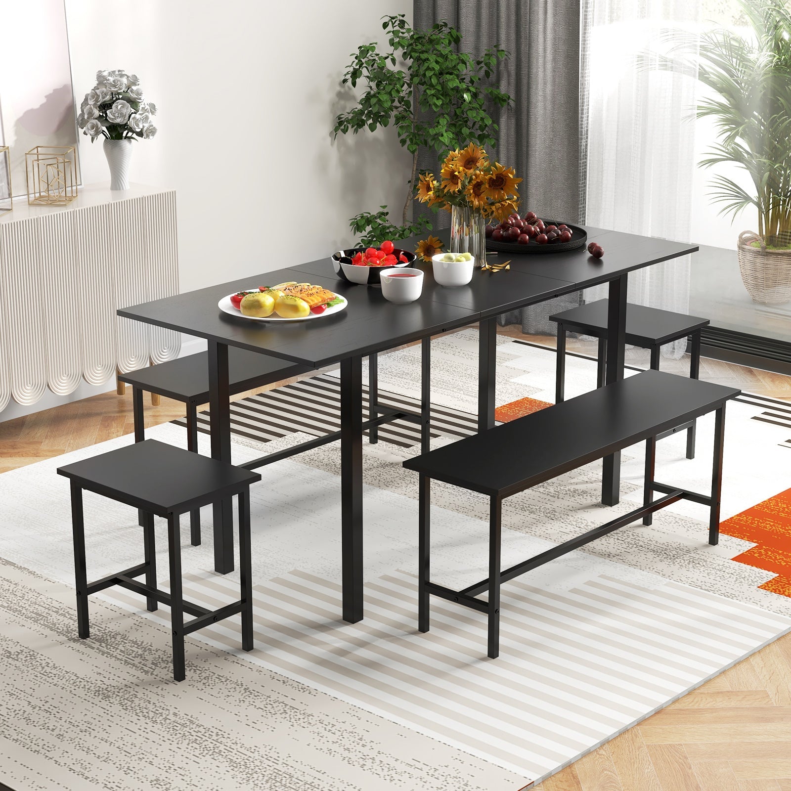 5 Piece Dining Table Set for 4-6 with 2 Benches & 2 Stools for Kitchen Dining Room-Black