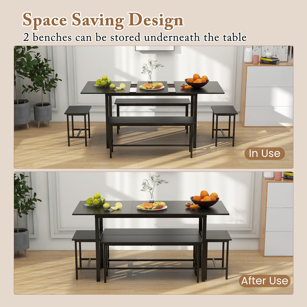 5 Piece Dining Table Set for 4-6 with 2 Benches & 2 Stools for Kitchen Dining Room-Black