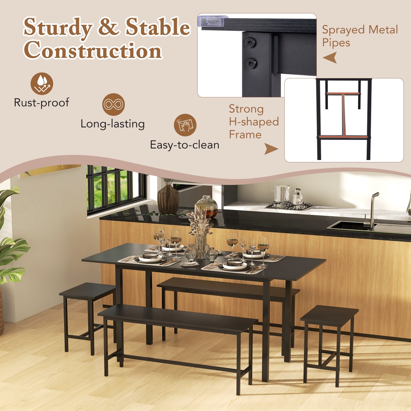 5 Piece Dining Table Set for 4-6 with 2 Benches & 2 Stools for Kitchen Dining Room-Black
