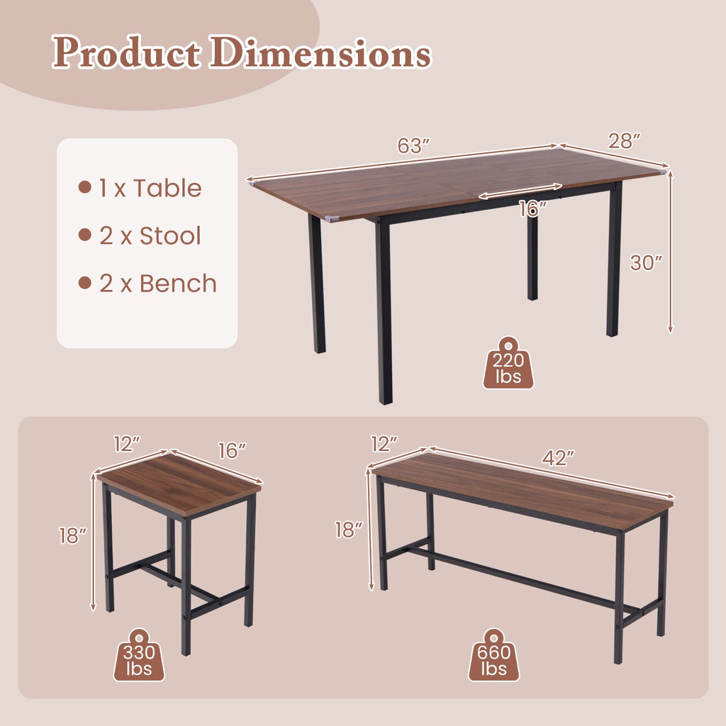 5 Piece Dining Table Set for 4-6 with 2 Benches & 2 Stools for Kitchen Dining Room-Walnut