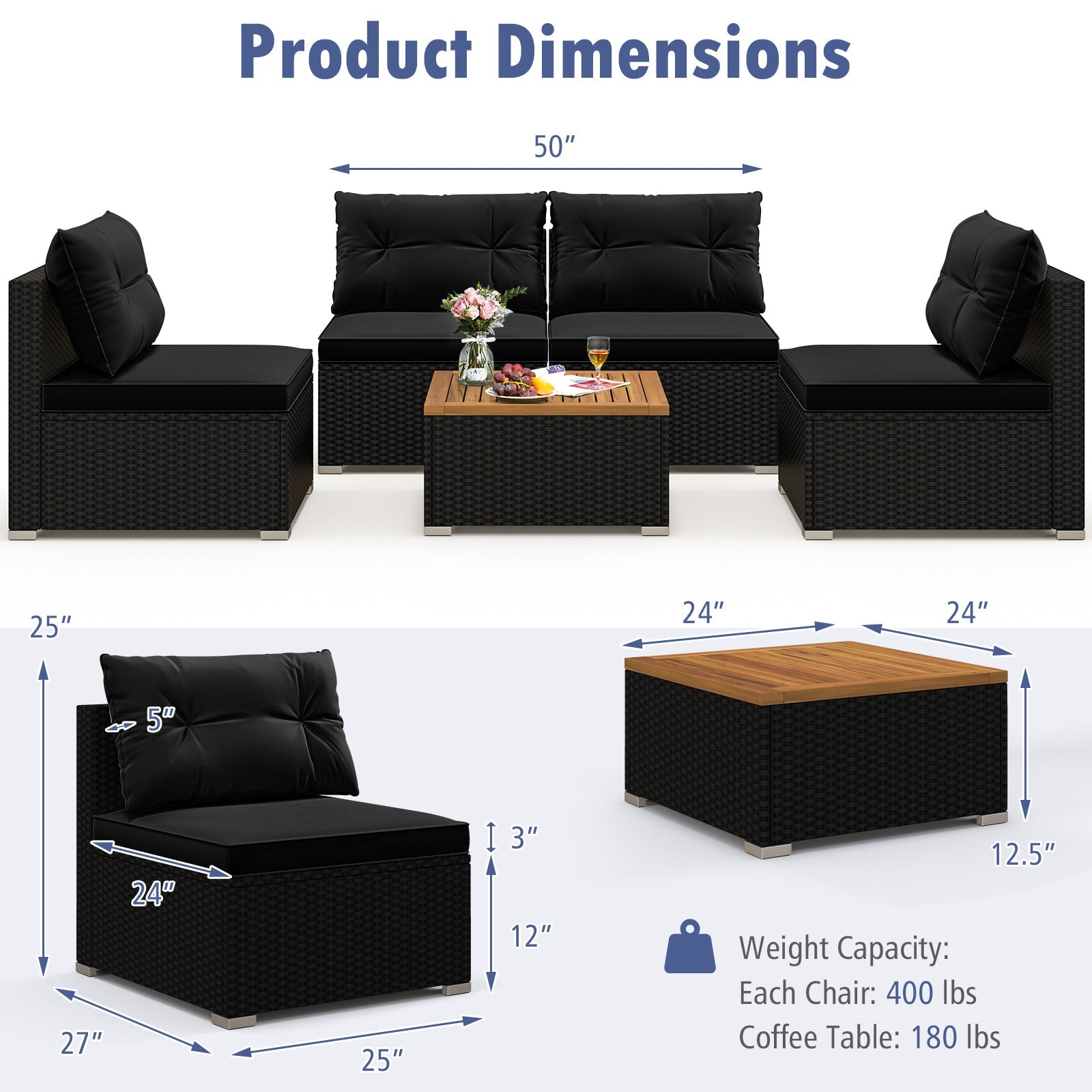5 Piece Outdoor Furniture Set with Solid Tabletop and Soft Cushions-Black