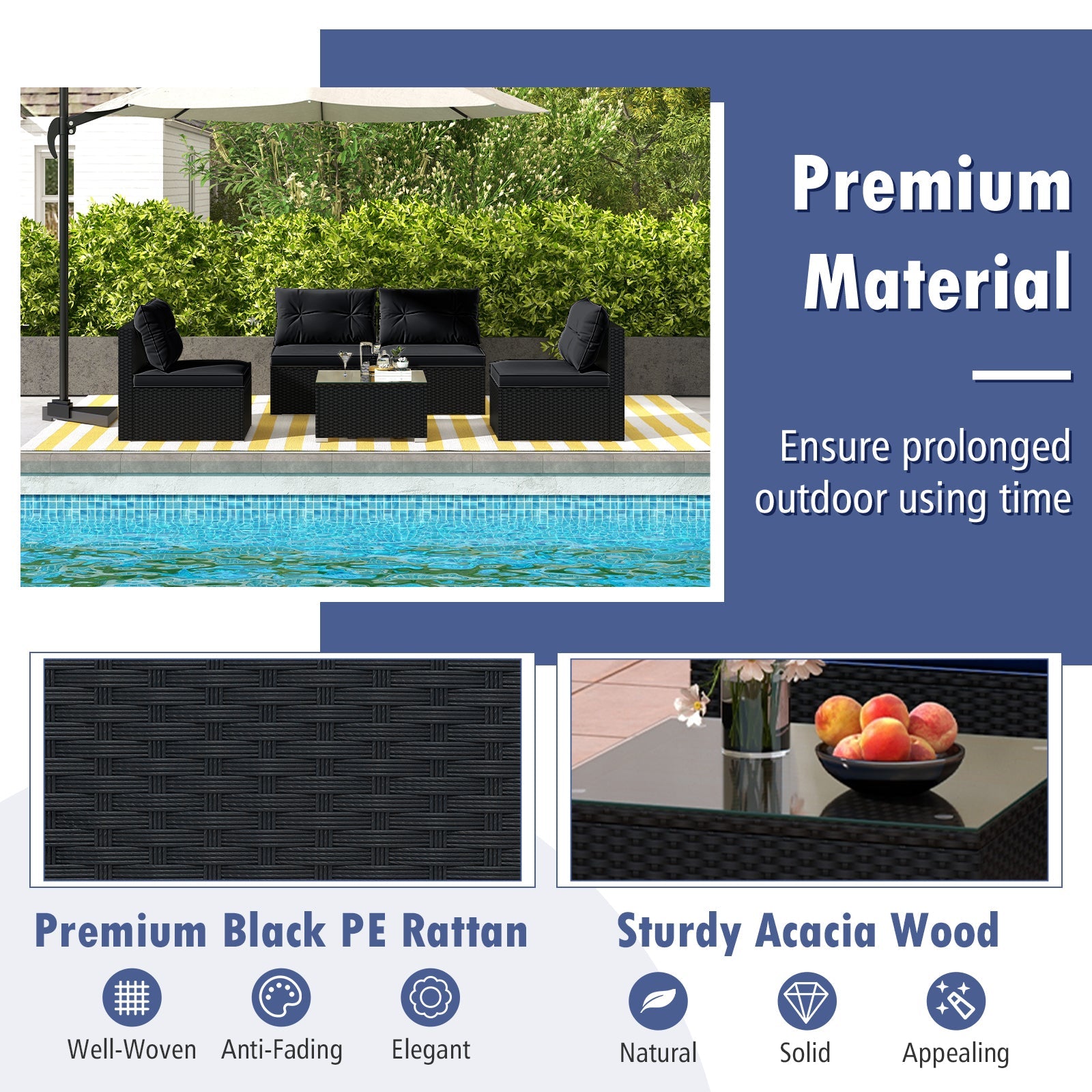 5-Piece Outdoor Patio Furniture Set with Cushions and Coffee Table-Black